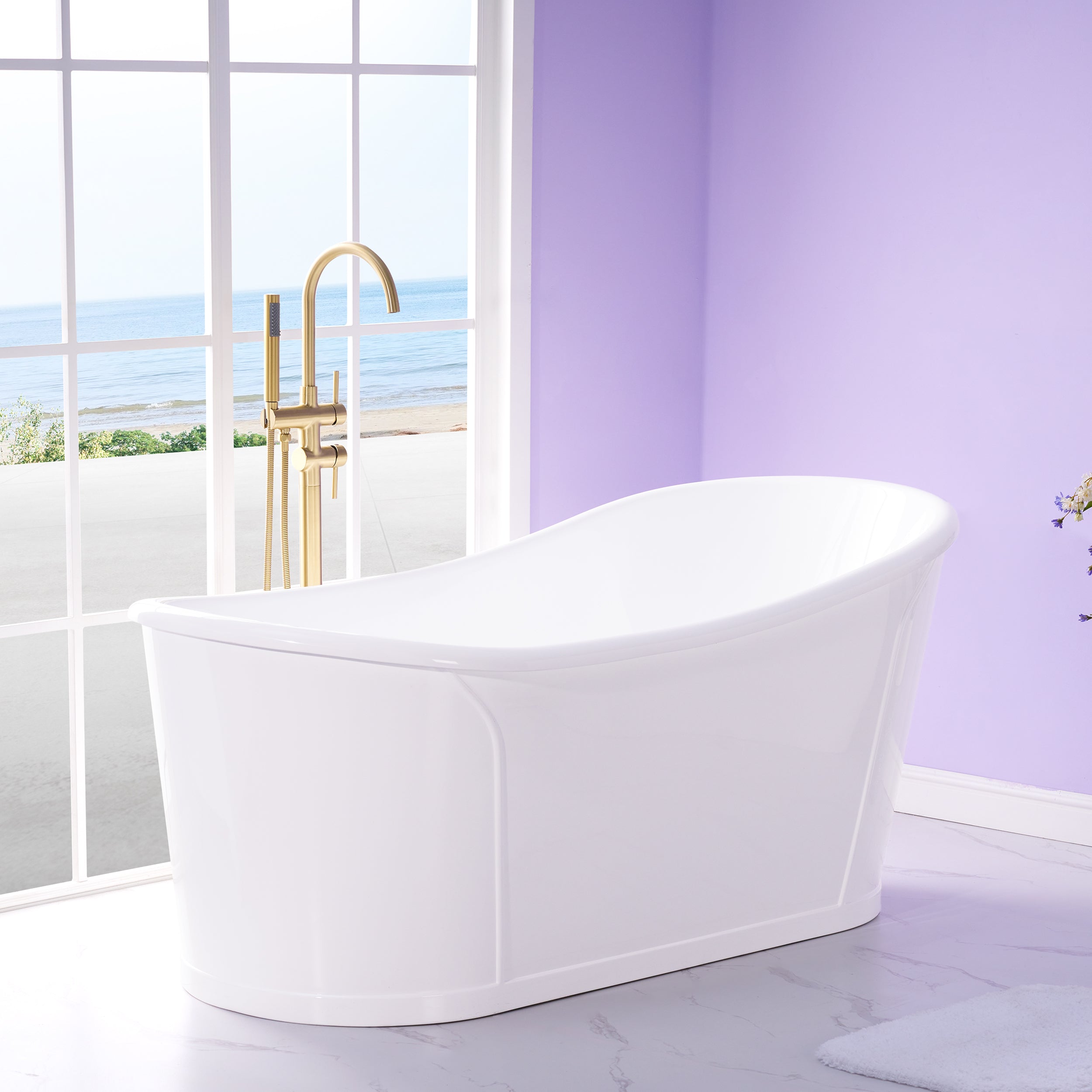 66" White Acrylic Freestanding Bathtub with Integrated Slotted Overflow