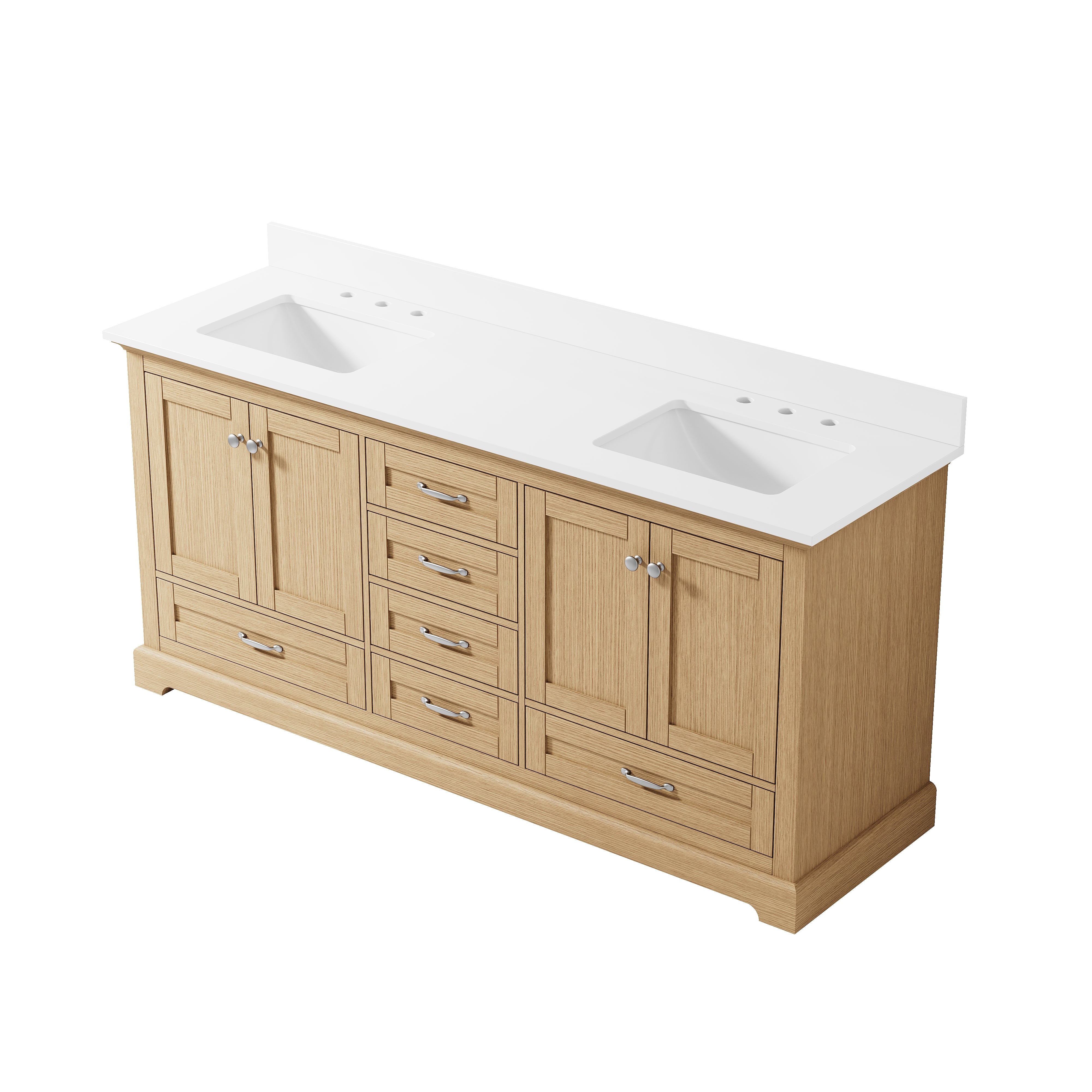 72" Double Sinks OAK Bathroom Vanity with Solid Wood Frame, Soft Close 6 Drawers, Pure White Cultured Marble Countertop