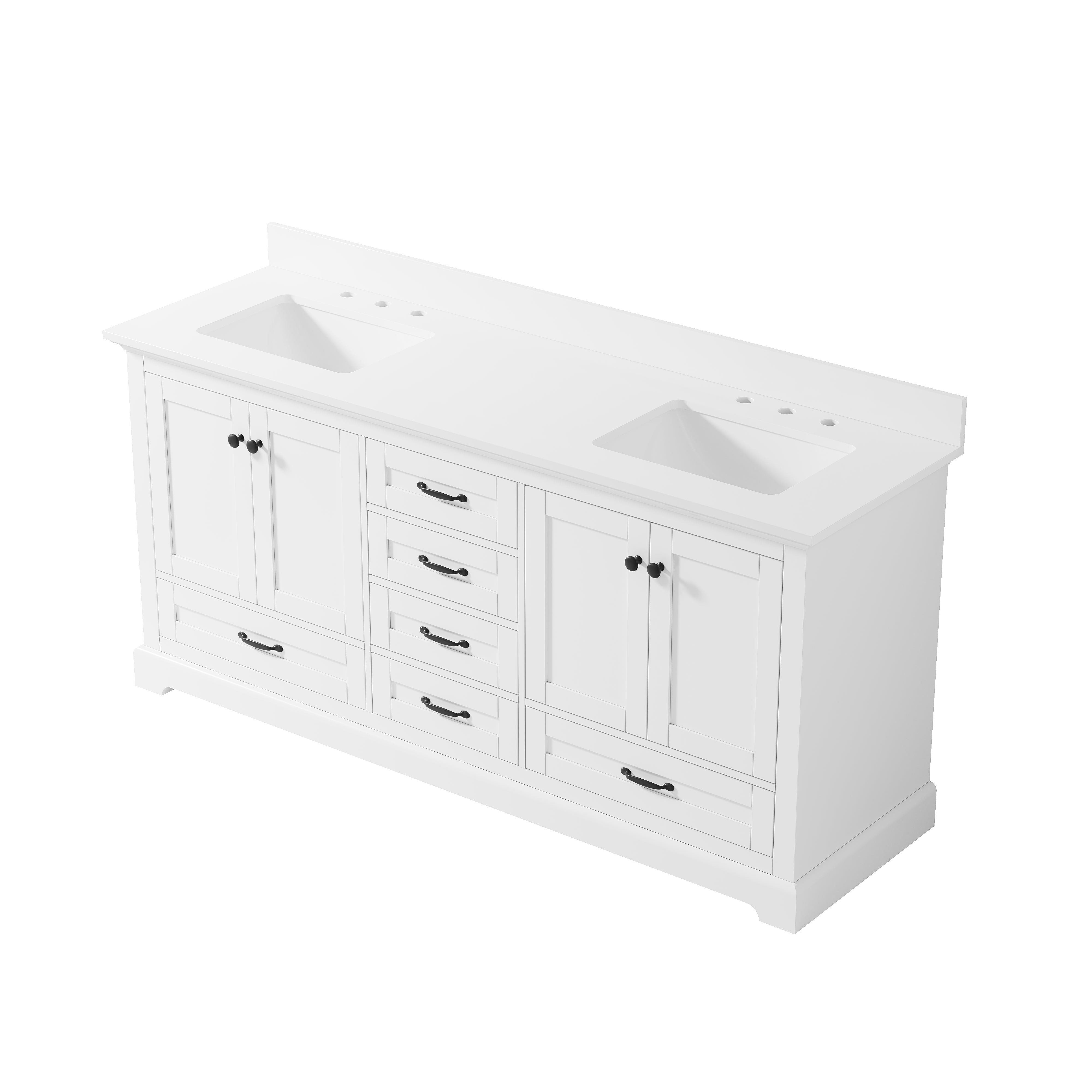 72" Double Sinks White Bathroom Vanity with Solid Wood Frame, Soft Close 6 Drawers, Pure White Cultured Marble Countertop