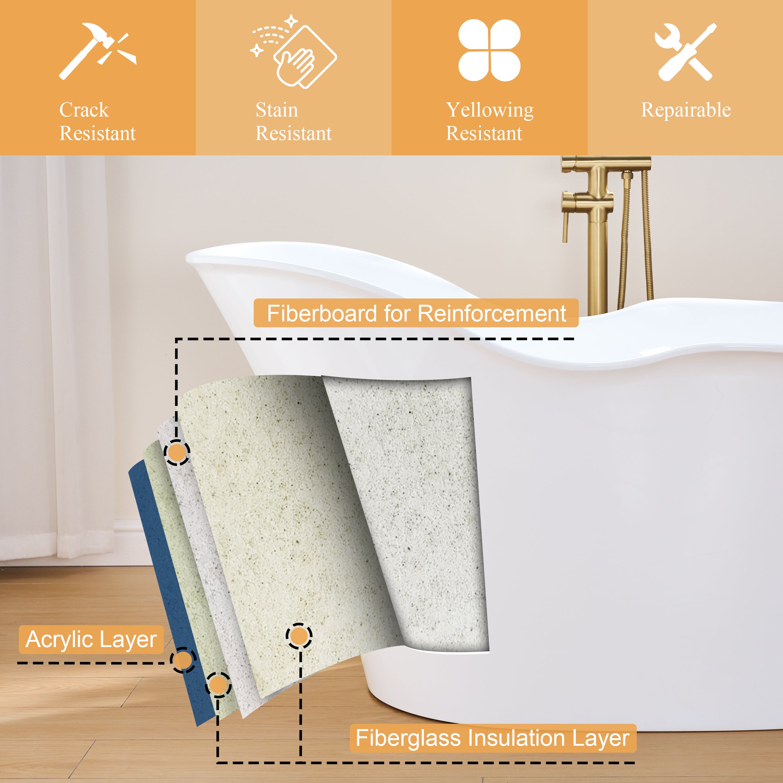 66" Freestanding Acrylic Bathtub Glossy White with Overflow and Drainage