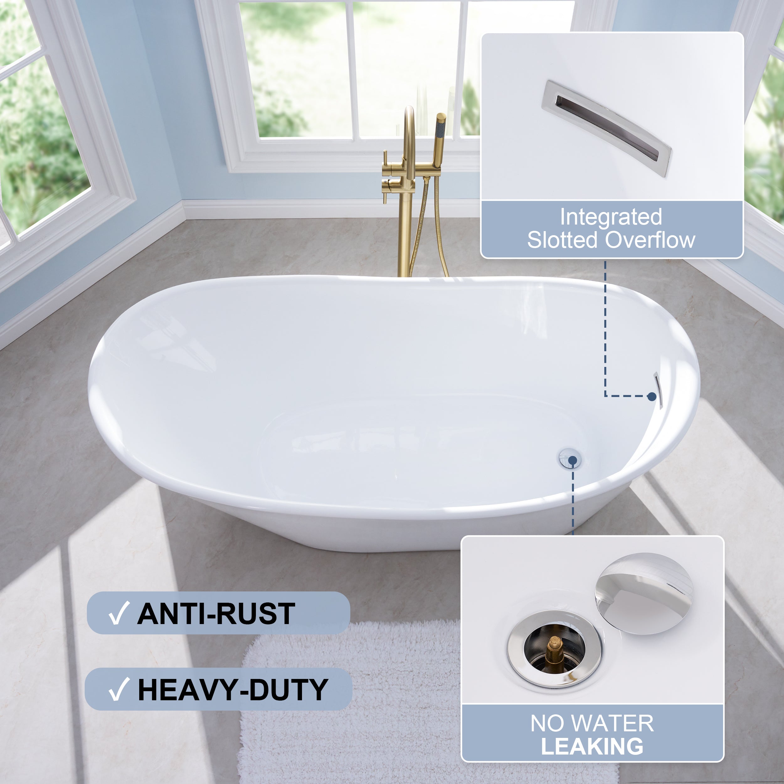 67" Luxury Acrylic Freestanding Flatbottom Bathtub in White