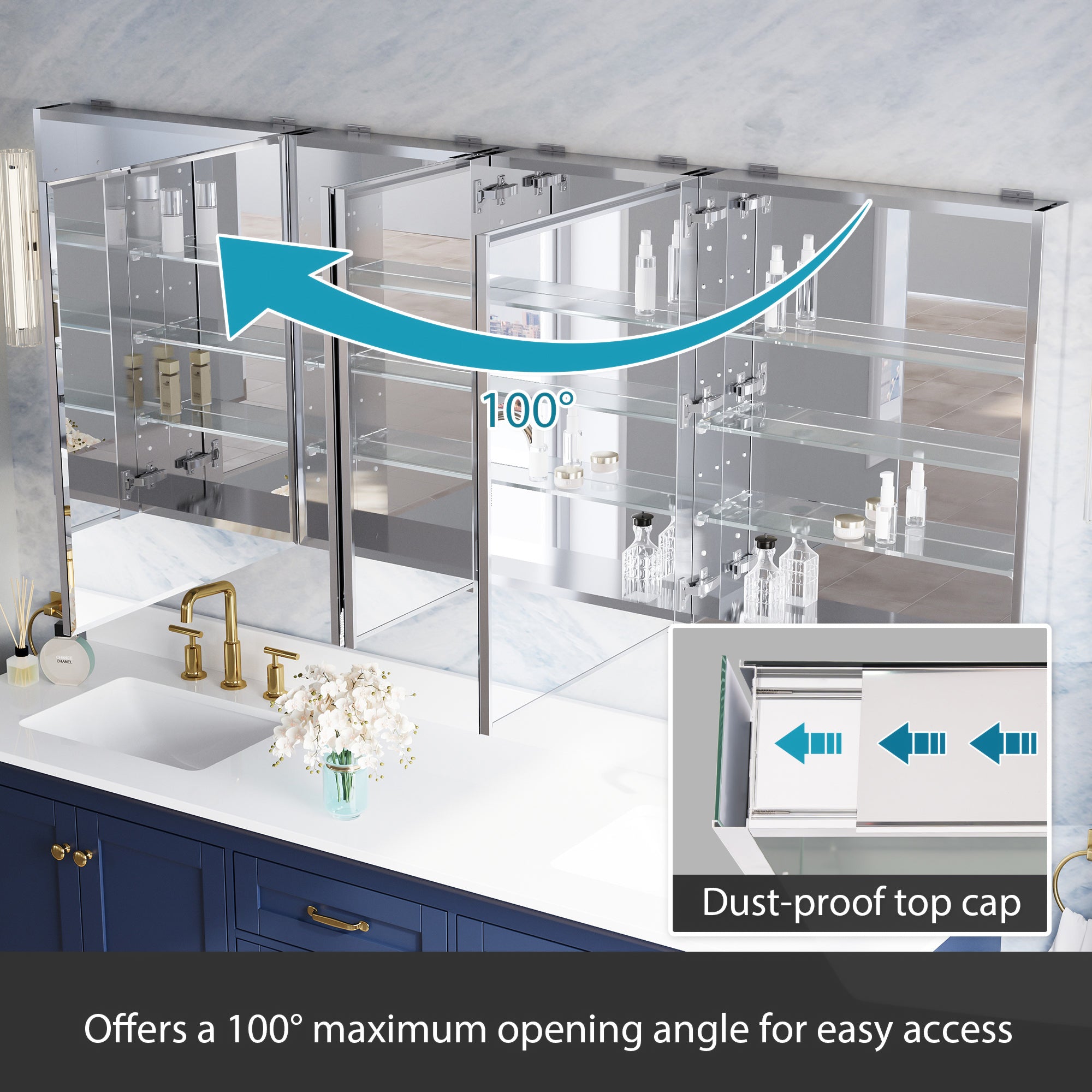 80 in.×30 in.H Copper-Free Mirror Medicine Cabinet with Beveled Mirror Door, Soft-Close Blum® Hinges, 12 Adjustable Shelves