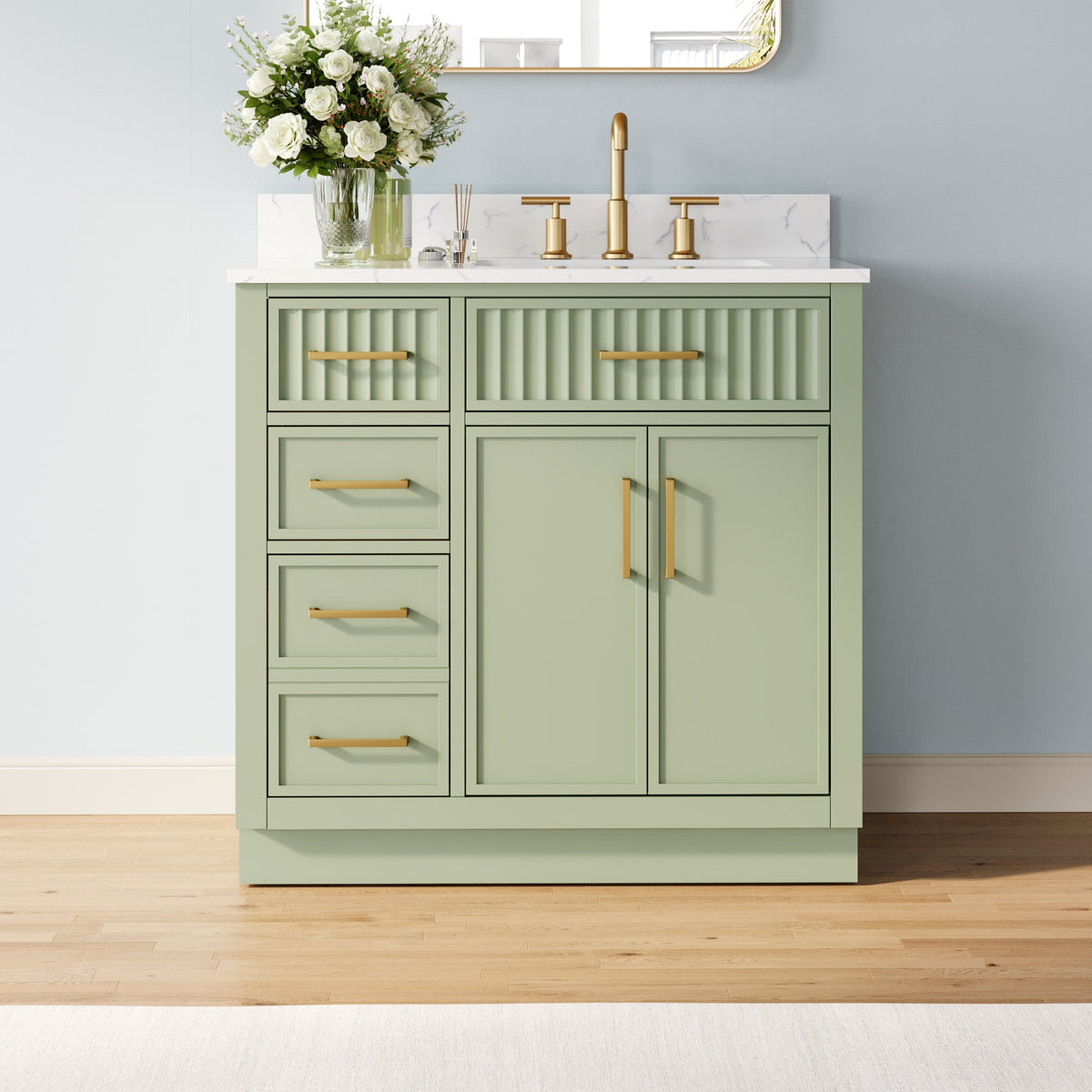 36 Inch Freestanding Solid Wood & Plywood Bathroom Vanity with Soft-Close Drawers, Carrara White Quartz Countertop, SAGE GREEN