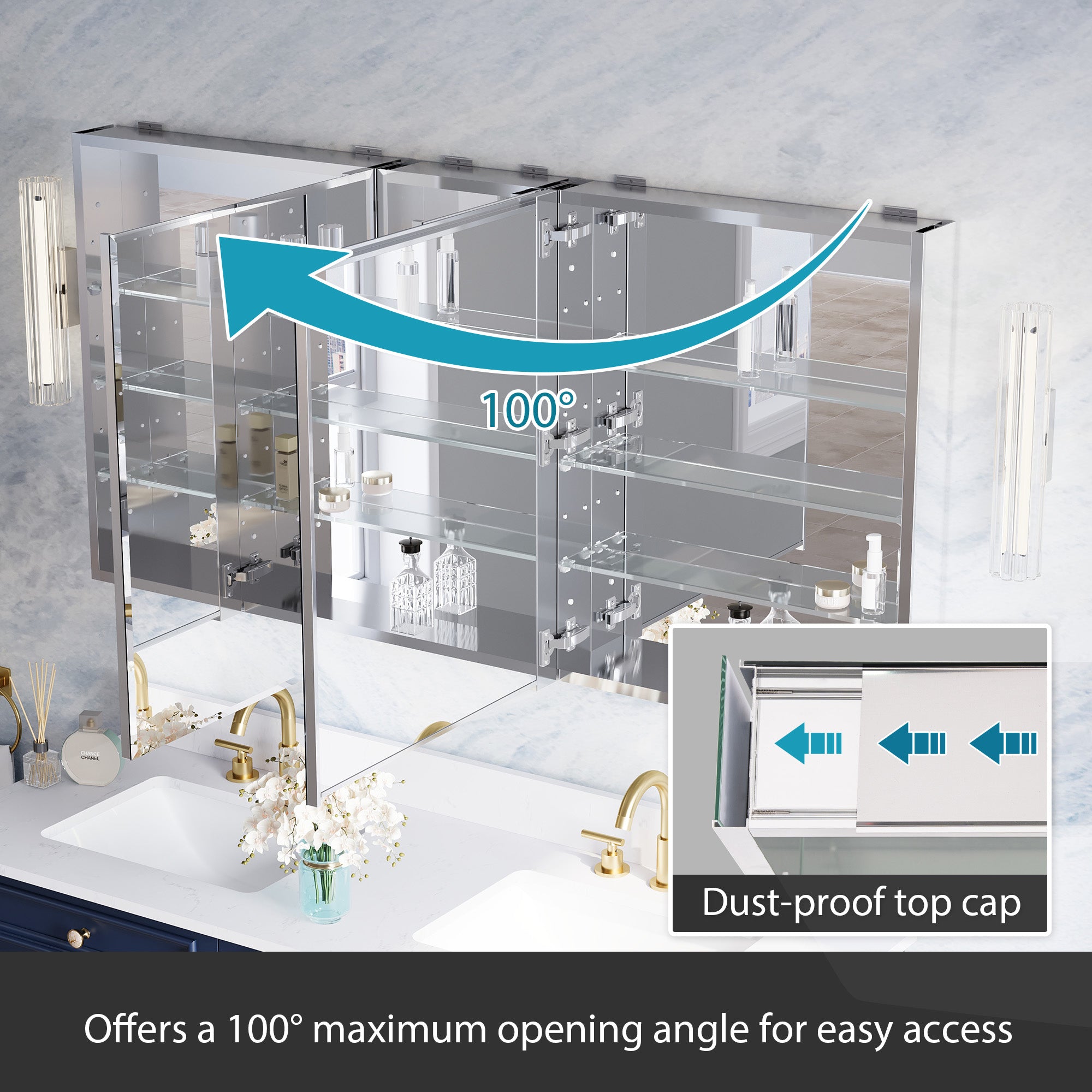 60 in.×30 in.H Aluminum Copper-Free Mirror Medicine Cabinet with Beveled Mirror Door, Recessed or Surface Mount, Adjustable Shelves