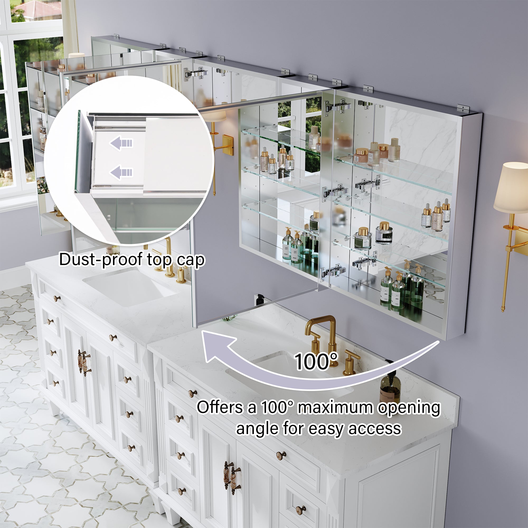 96 in. ×30 in. Aluminum Bathroom Medicine Cabinet and Open Shelf Set, Recessed or Surface Mount