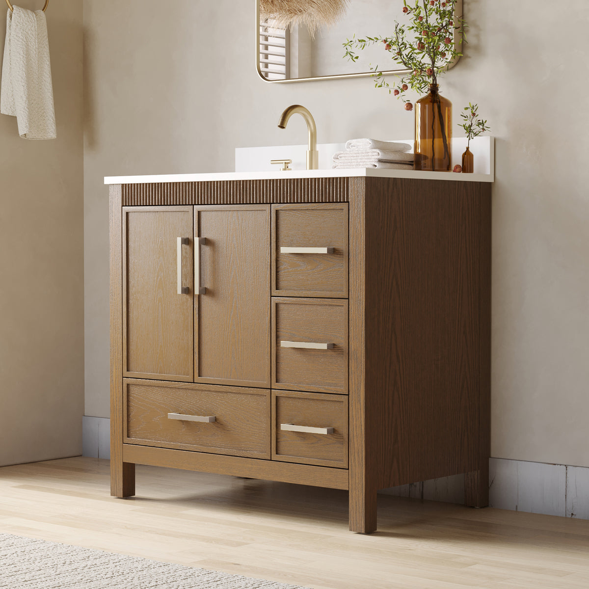 36 Inch Freestanding Solid Wood Bathroom Vanity with Fluted Molding, Pure White Quartz Countertop, Walnut