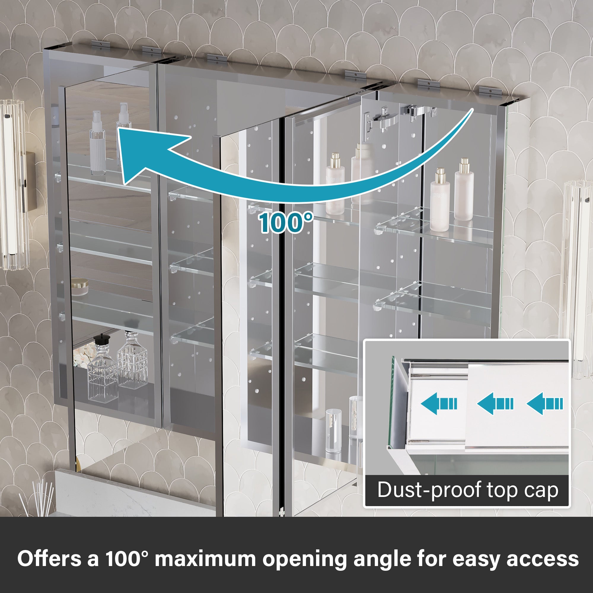 44 in.×32 in.H Copper-Free Mirror Medicine Cabinet with Soft-Close Blum® Hinges and 3 Doors