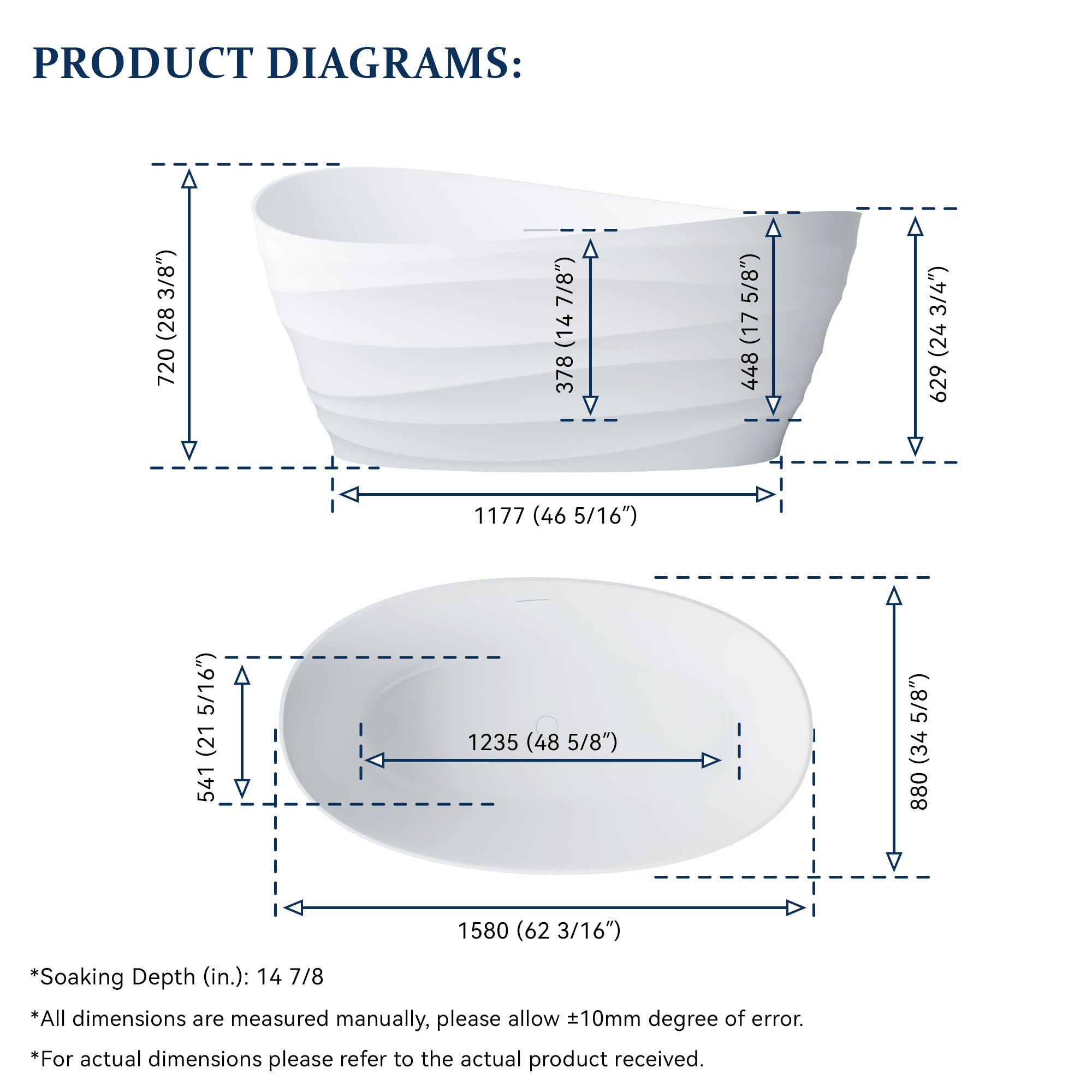 62" Freestanding Bathtub with Unique Ripple Texture, Modern Solid surface Soaking Tub with Overflow & Drain, Matte White