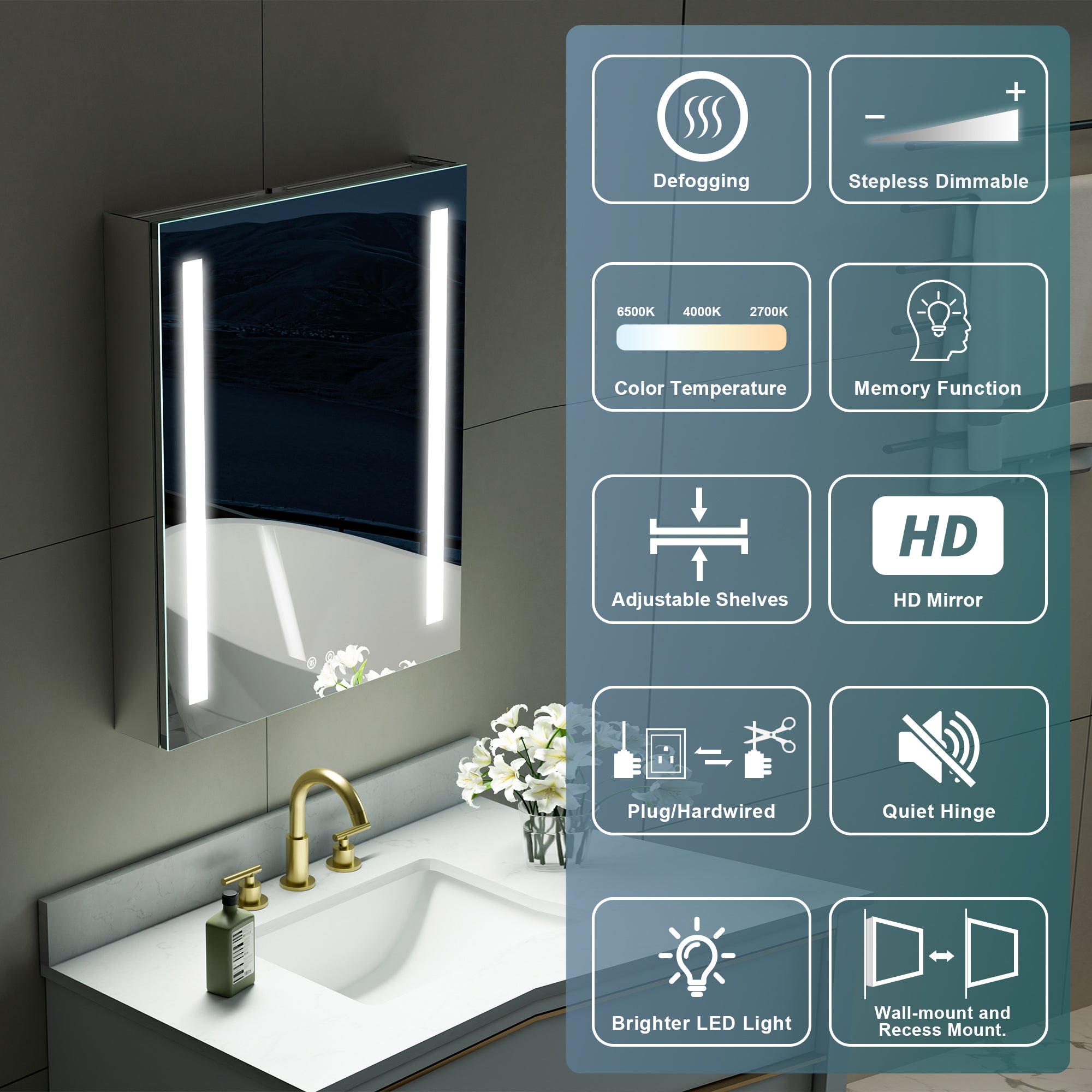 24 in. x 30 in. LED Lighted Surface/Recessed Mount Mirror Medicine Cabinet with Outlet left Side