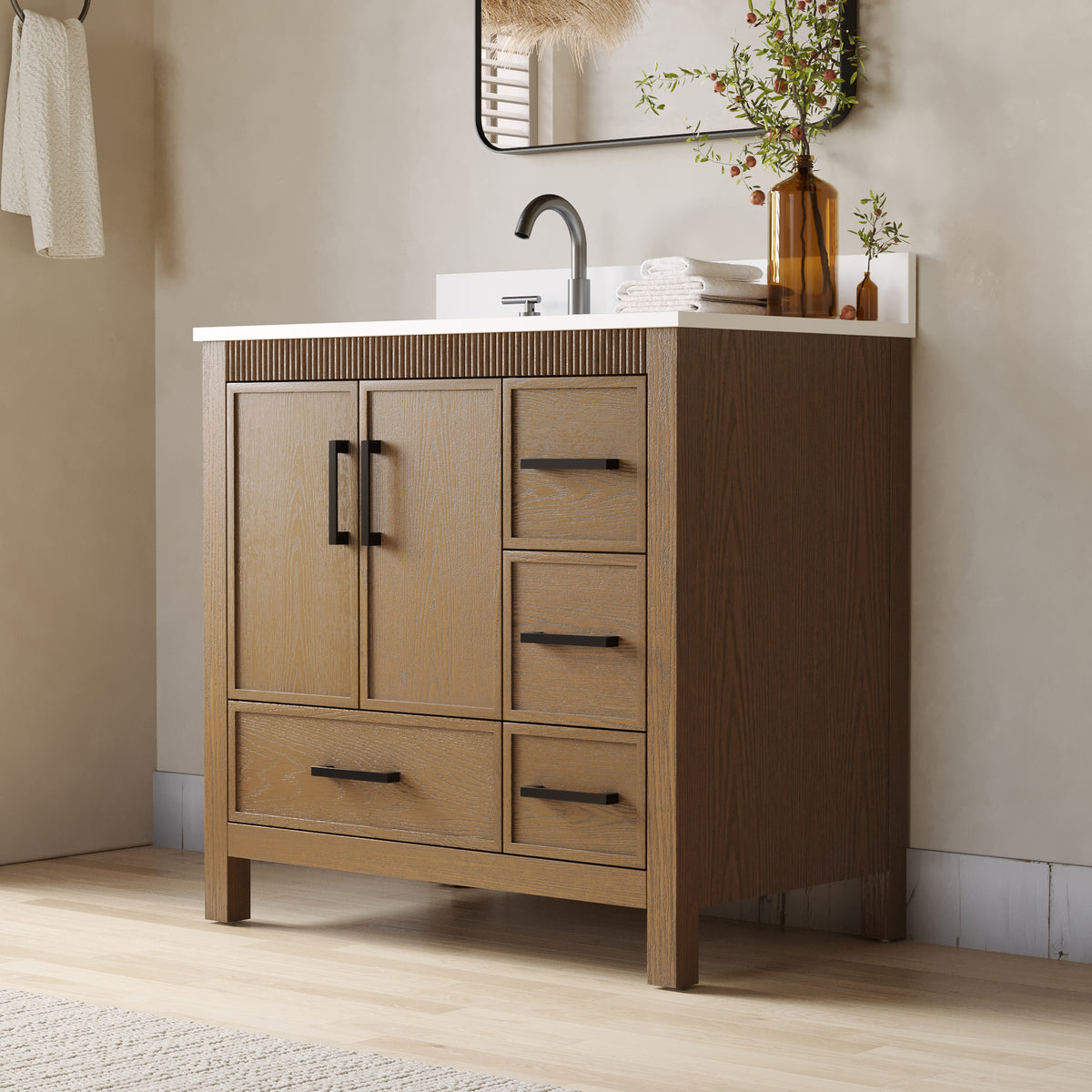 42 Inch Freestanding Solid Wood Bathroom Vanity with Fluted Molding, Pure White Quartz Countertop, Walnut