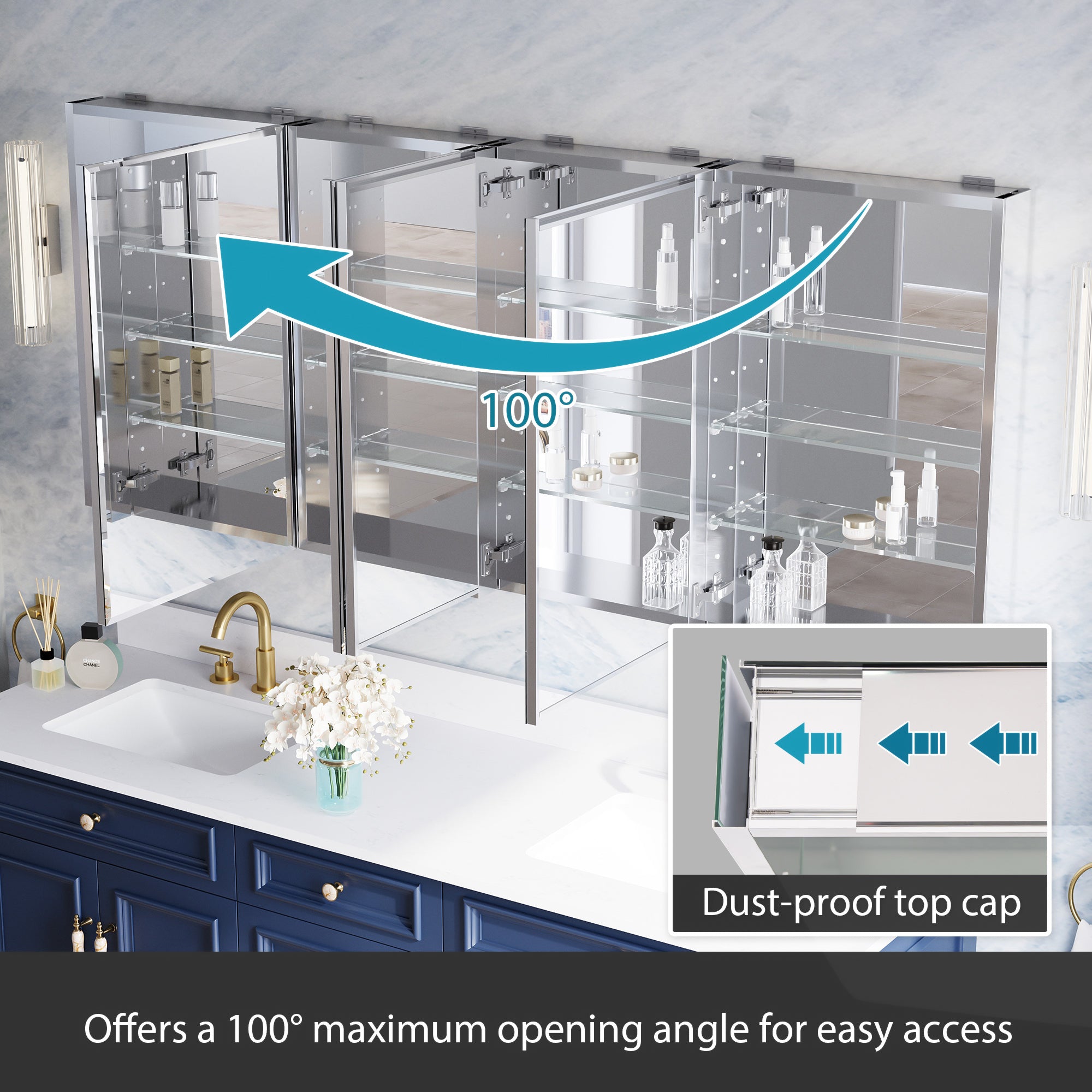 72 in.×30 in.H Aluminum Copper-Free Mirror Medicine Cabinet with Beveled Mirror Door, Recessed or Surface Mount, Adjustable Shelves