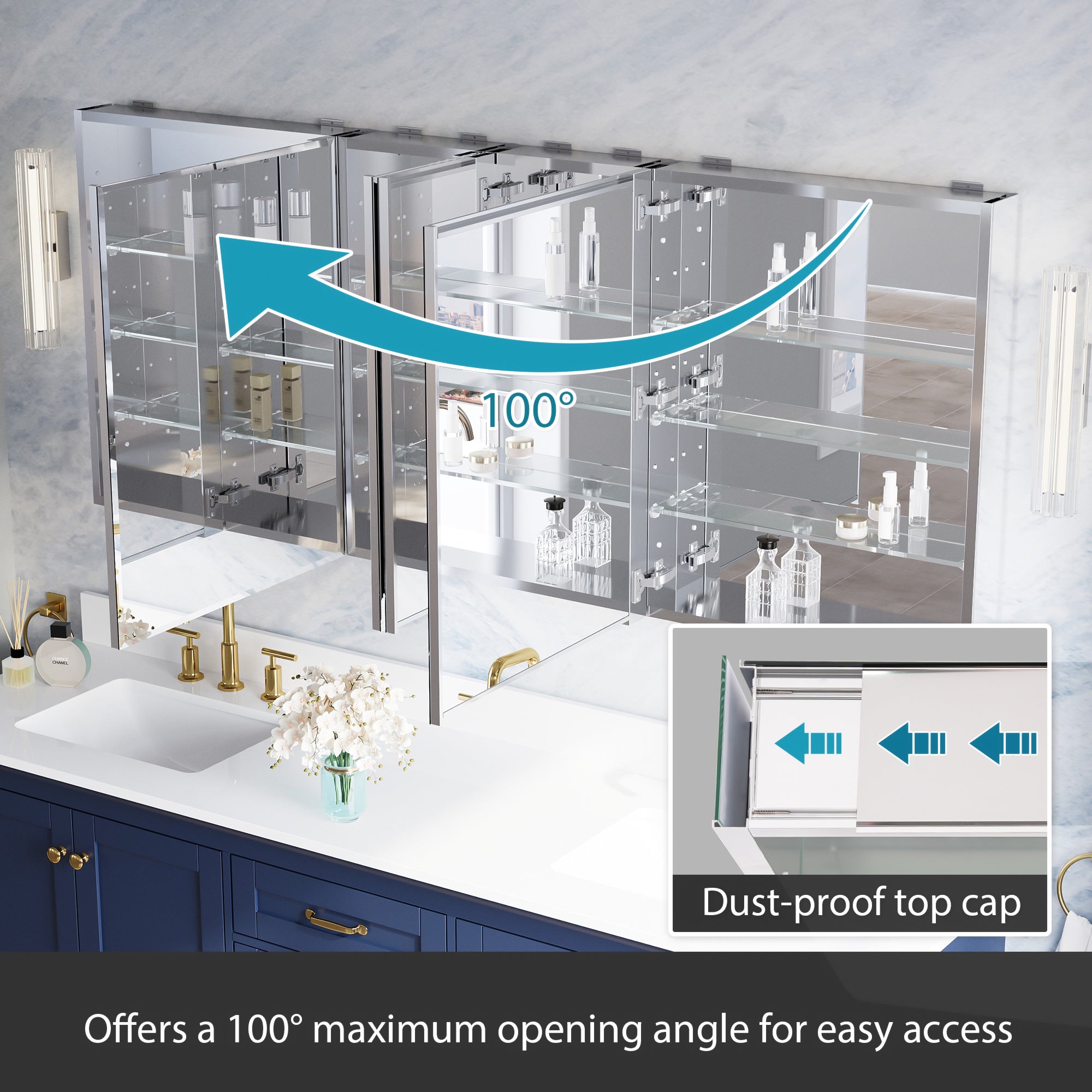 72 in.×30 in.H Aluminum Copper-Free Mirror Medicine Cabinet with Beveled Mirror Door, Recessed or Surface Mount, 12 Adjustable Shelves