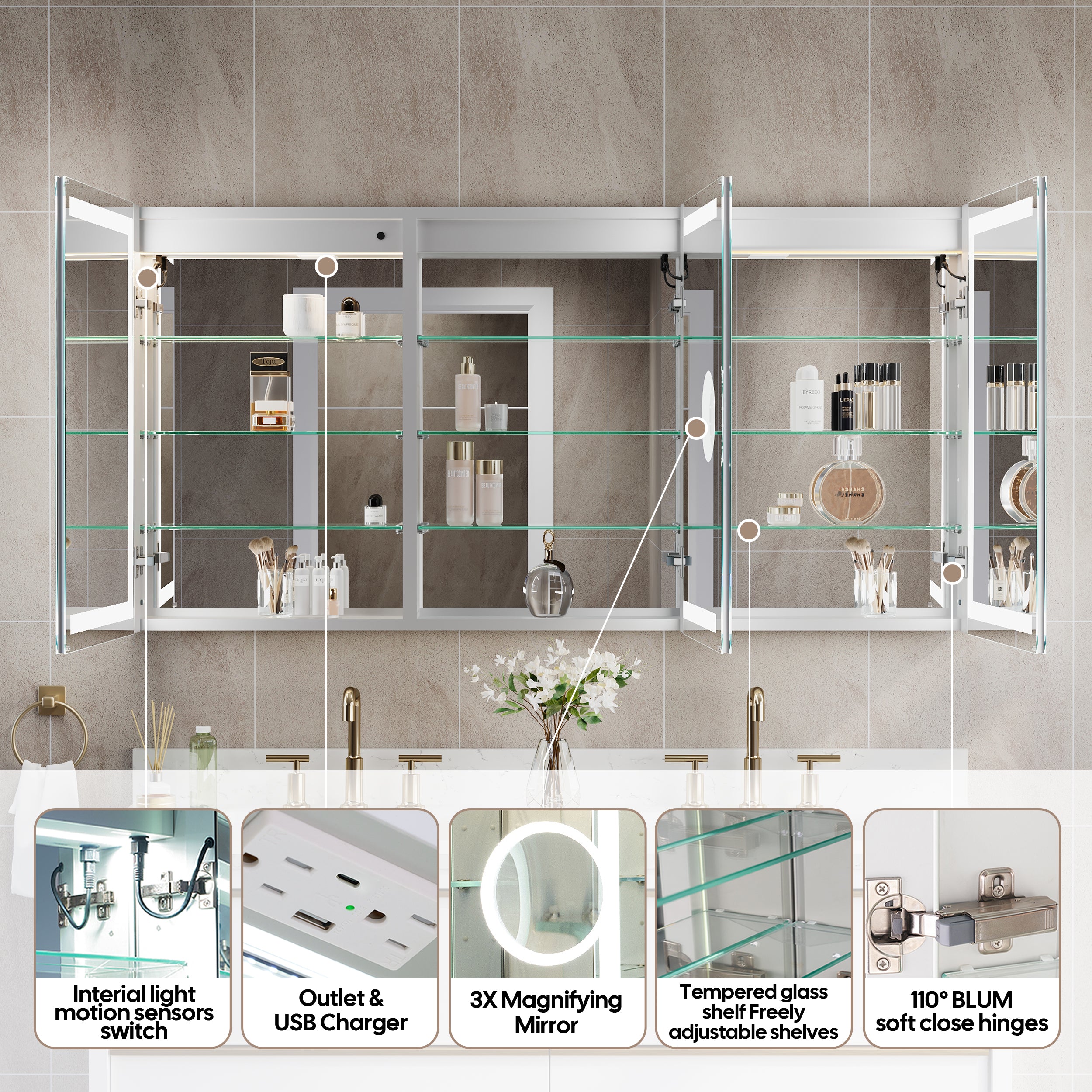 60 in. x 30 in. LED Lighted Aluminum Bathroom Medicine Cabinet with Anti-Fog, Dimmable Lighting, Outlet, Surface or Recessed Mount