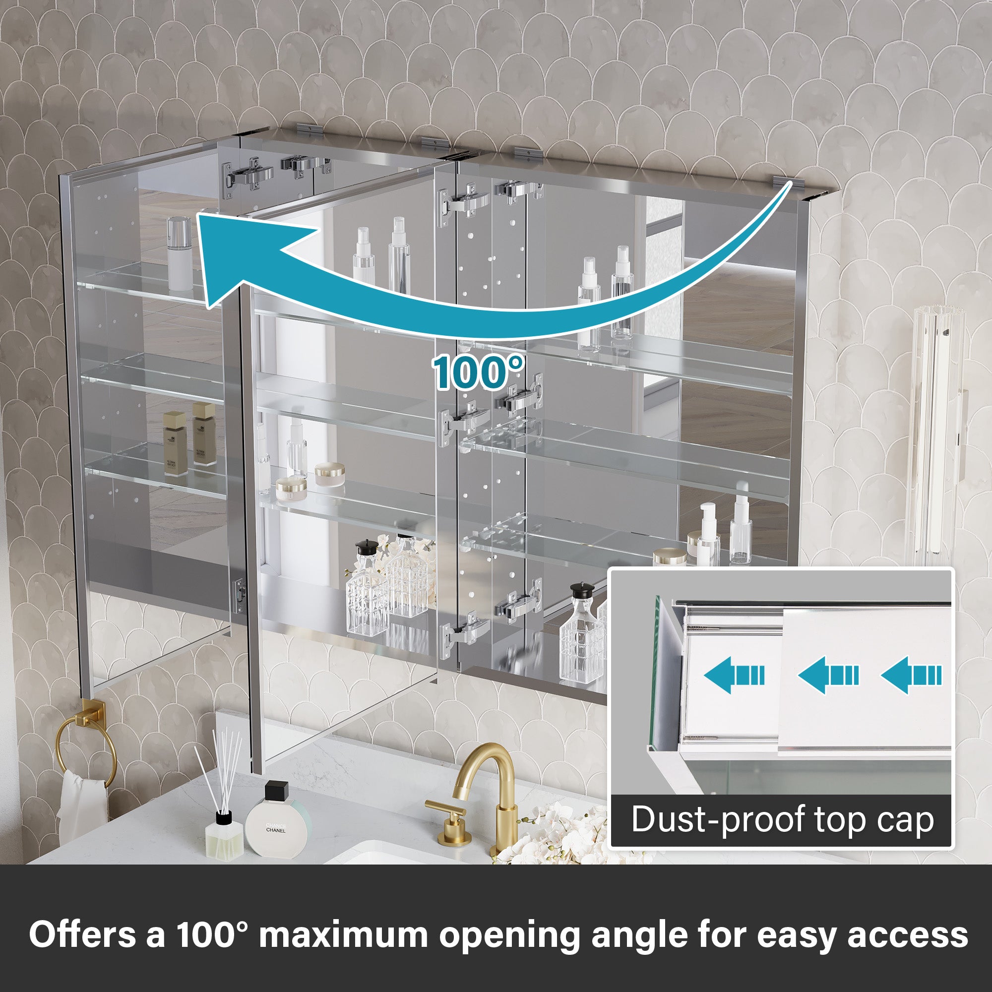 40 in.×32 in.H Aluminum Copper-Free Mirror Medicine Cabinet with Soft-Close Blum® Hinges and Recessed/Surface Mount