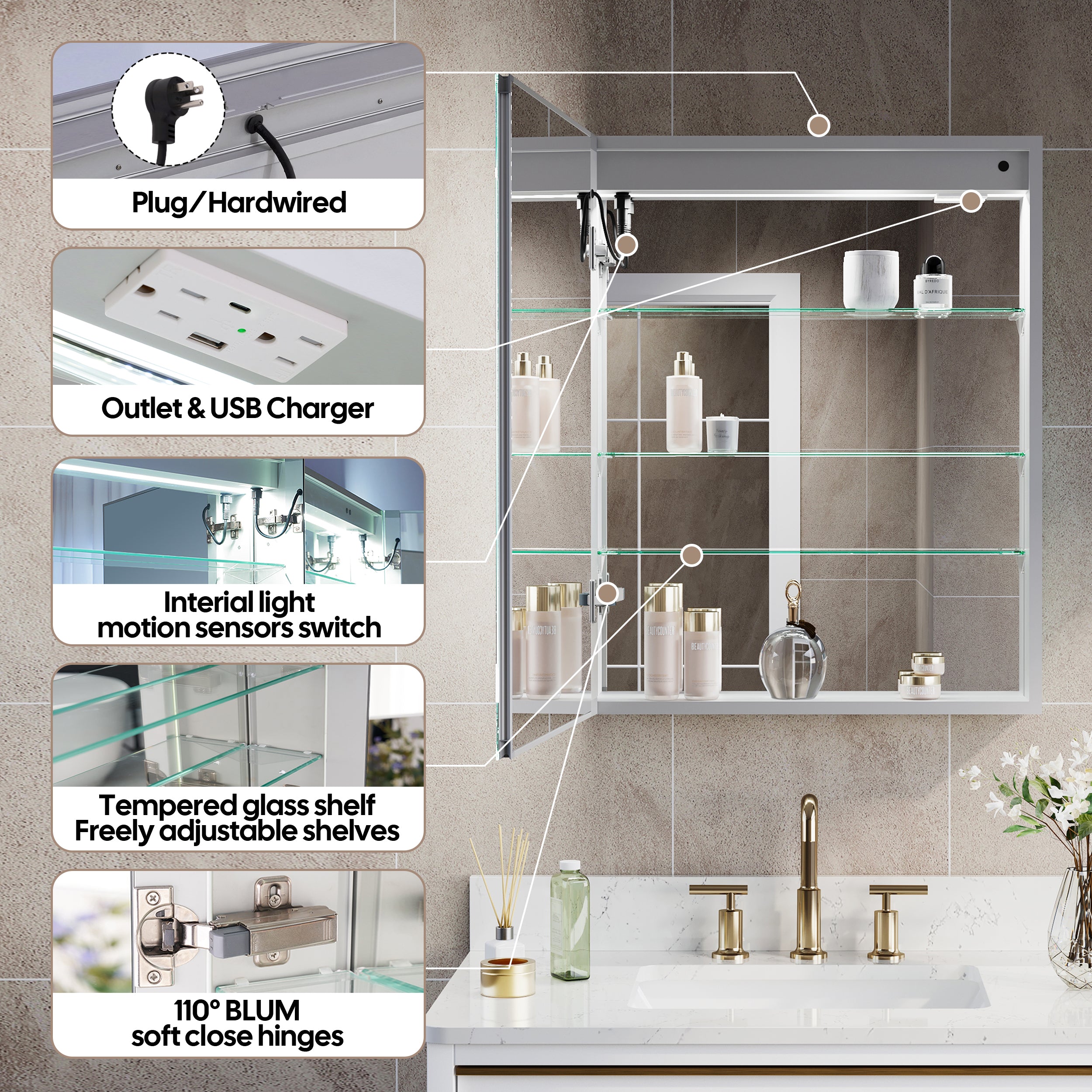 24 in. x 30 in. LED Lighted Surface/Recessed Mount Silver Mirrored Medicine Cabinet with Outlet left Side