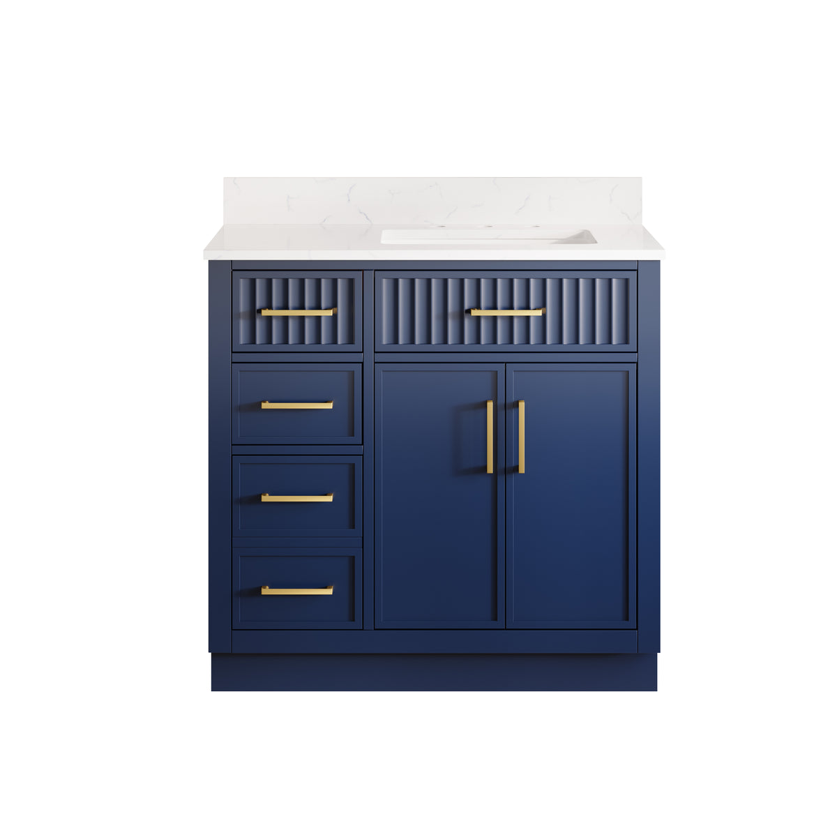 36 Inch Freestanding Solid Wood & Plywood Bathroom Vanity with Soft-Close Drawers, Carrara White Quartz Countertop, Navy Blue