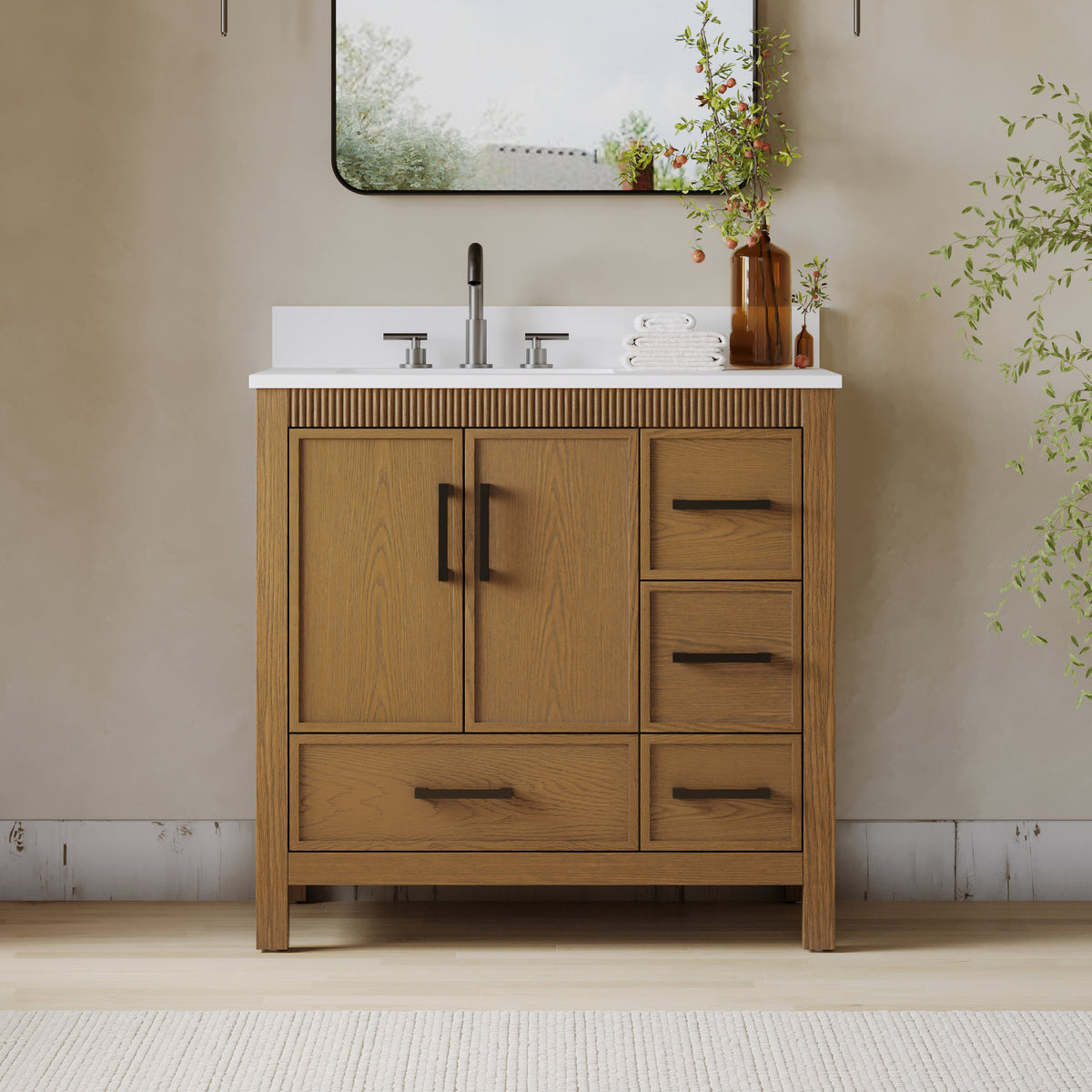 42 Inch Freestanding Solid Wood Bathroom Vanity with Fluted Molding, Pure White Quartz Countertop, Walnut