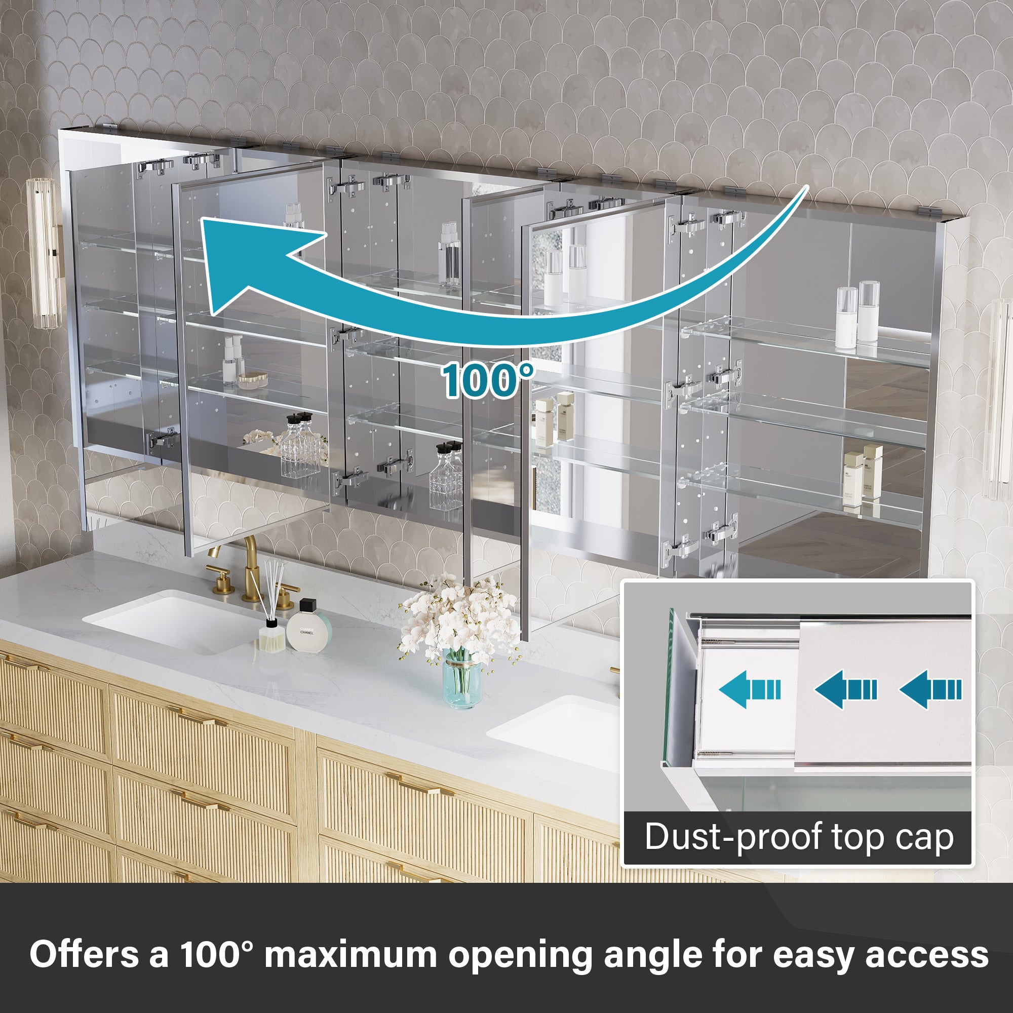 96 in.×32 in.H Copper-Free Mirror Medicine Cabinet with Soft-Close Blum® Hinges and 5 Doors