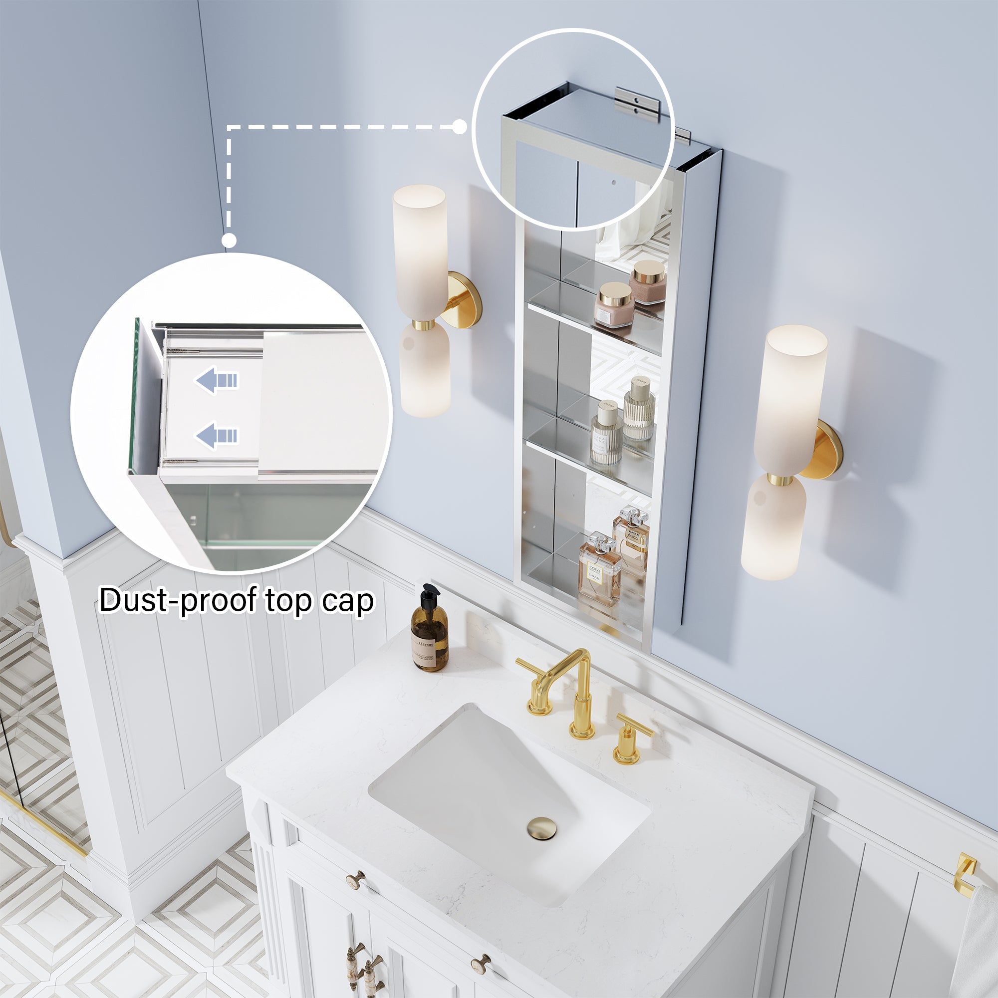 12 in.×36 in. Recessed/Surface Mount Aluminum Medicine Cabinet with Open Shelves and 3 PCS Tempered Glass