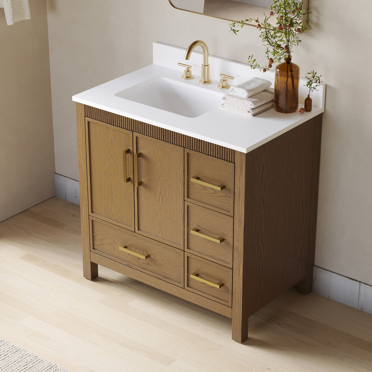 36 Inch Freestanding Solid Wood Bathroom Vanity with Fluted Molding, Pure White Quartz Countertop, Walnut