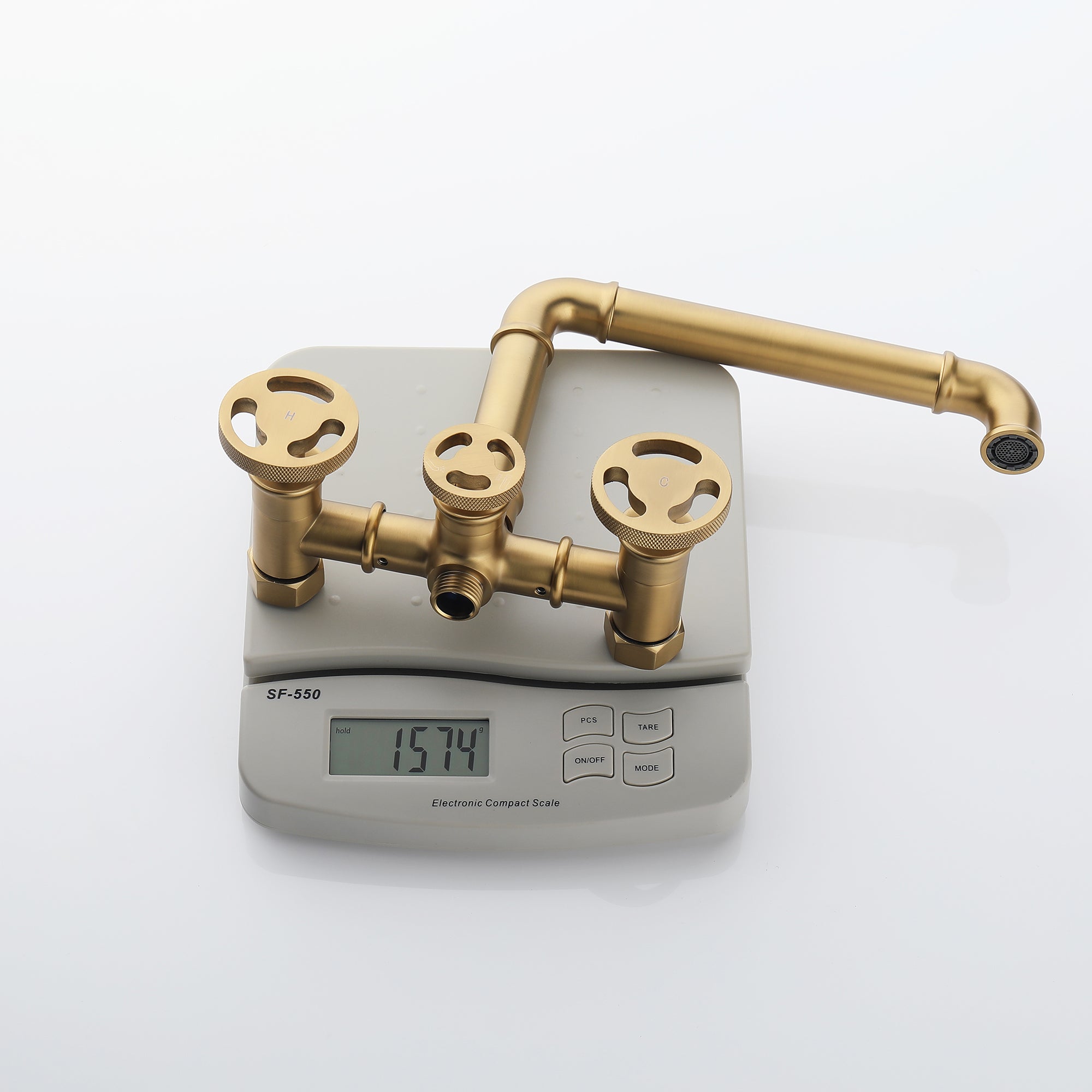 Double Hole Double Handle Brushed Gold Bathtub Faucet with Handheld Shower