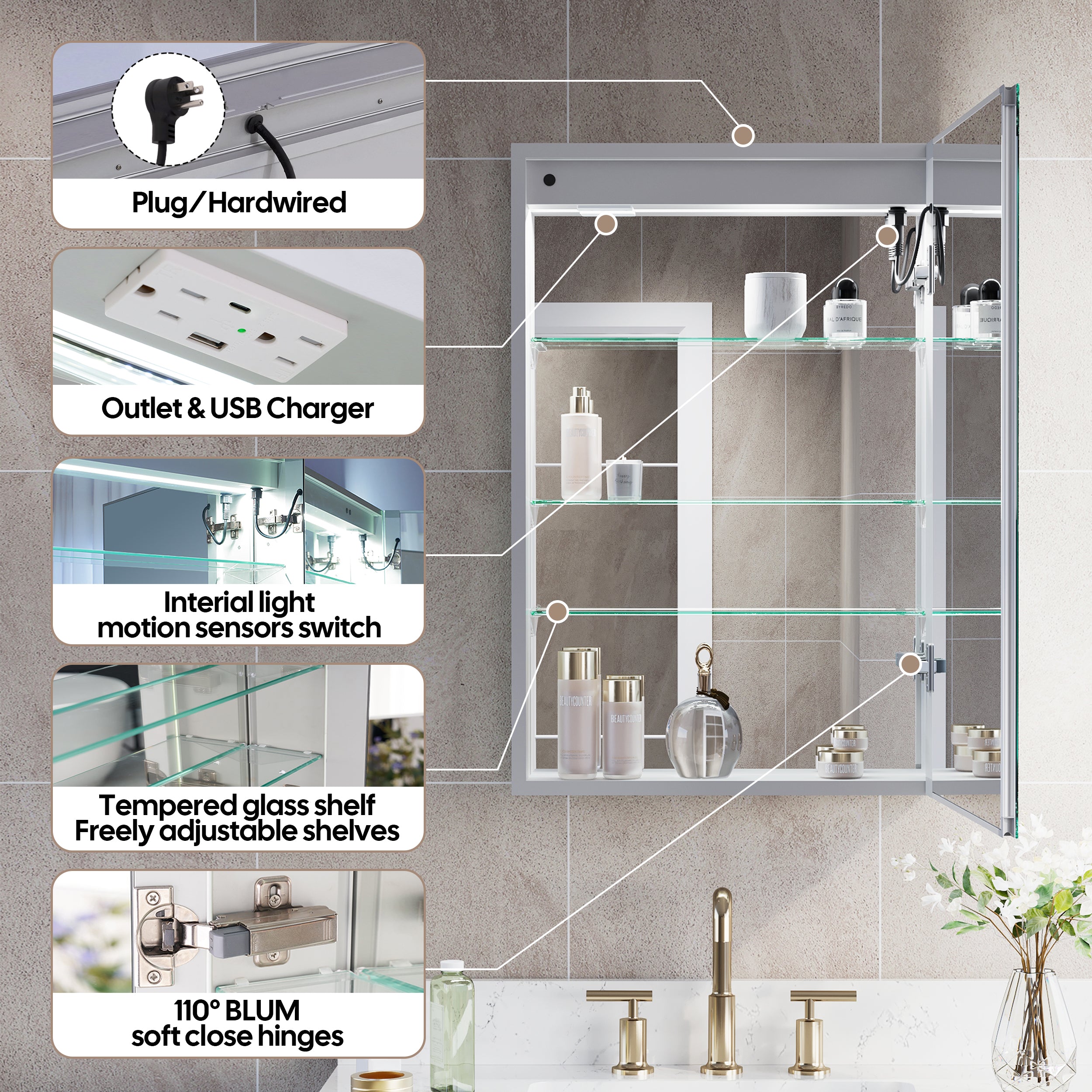 20 in. x 30 in. LED Lighted Surface/Recessed Mount Silver Mirrored Medicine Cabinet with Outlet Right Side