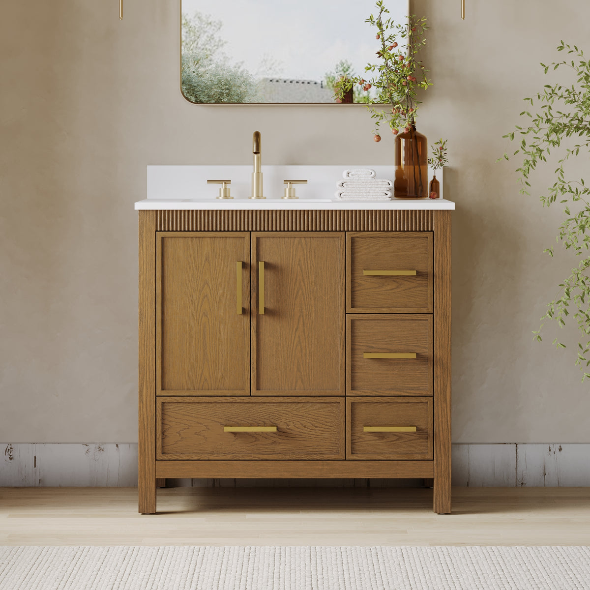 36 Inch Freestanding Solid Wood Bathroom Vanity with Fluted Molding, Pure White Quartz Countertop, Walnut