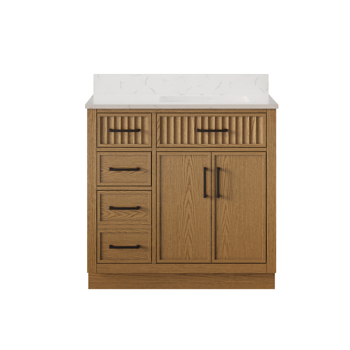 36 Inch Freestanding Solid Wood & Plywood Bathroom Vanity with Soft-Close Drawers, Carrara White Quartz Countertop, Walnut