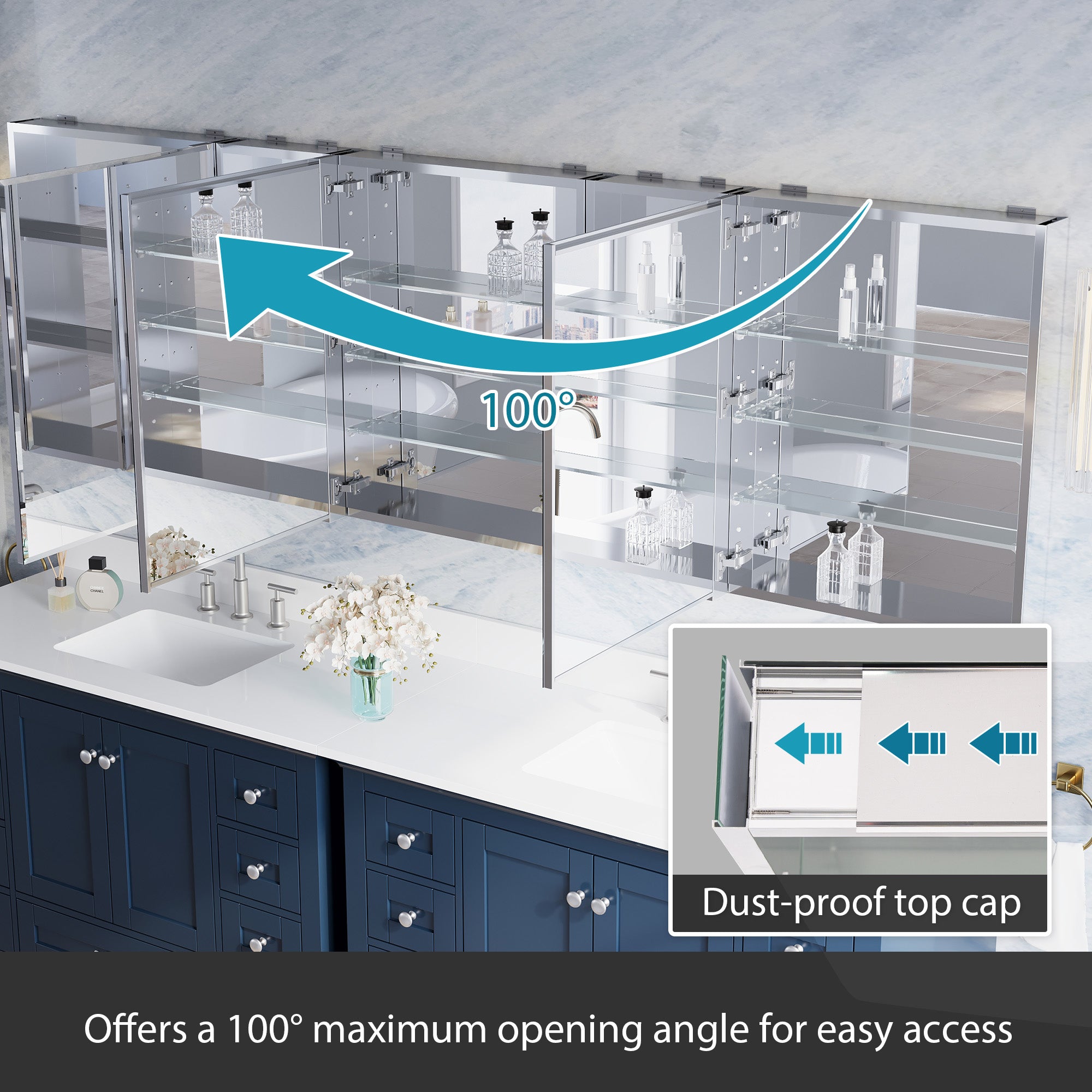96 in.×30 in.H Aluminum Copper-Free Mirror Medicine Cabinet with Beveled Mirror Door and Open Shelf Storage Set