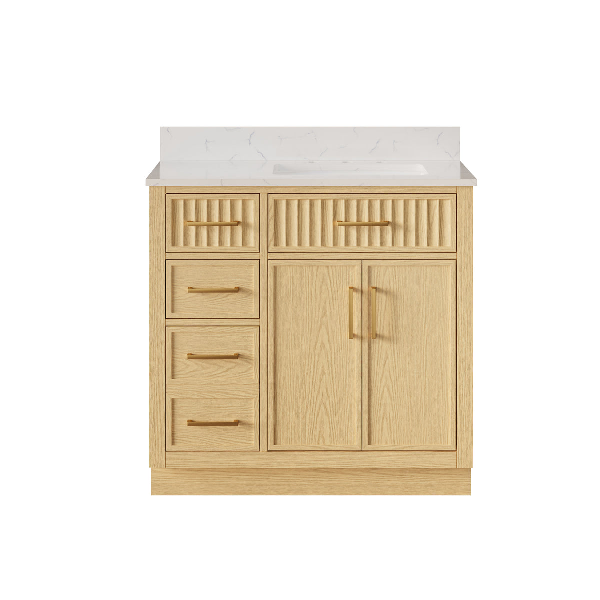 36 Inch Freestanding Solid Wood & Plywood Bathroom Vanity with Soft-Close Drawers, Carrara White Quartz Countertop, OAK