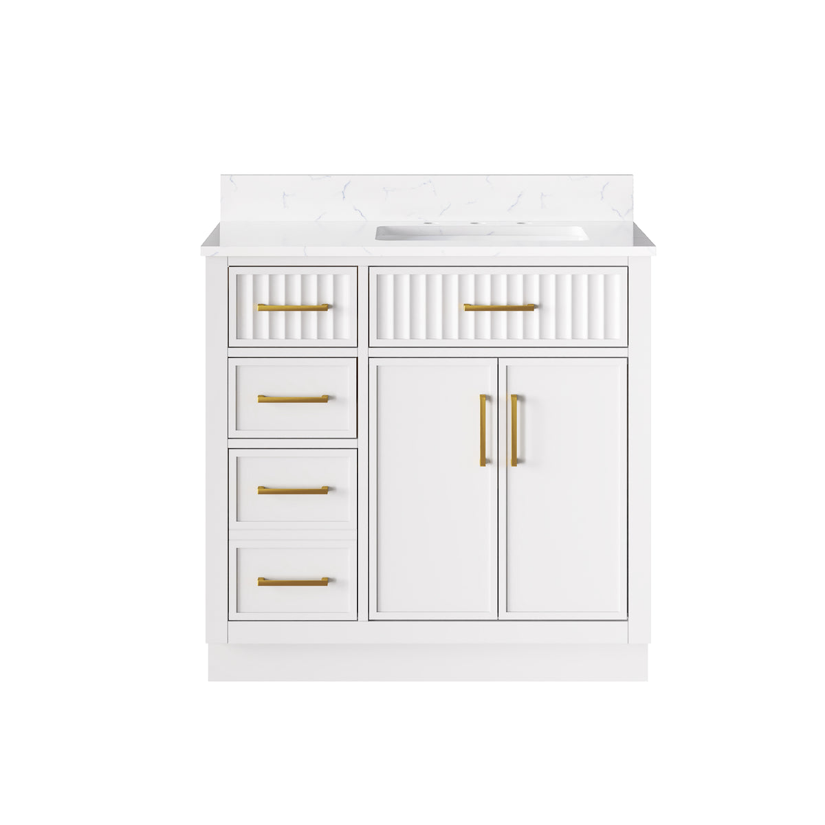 36 Inch Freestanding Solid Wood & Plywood Bathroom Vanity with Soft-Close Drawers, Carrara White Quartz Countertop, White