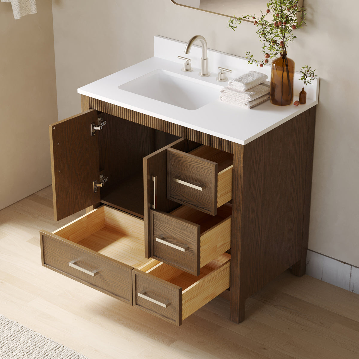 42 Inch Freestanding Solid Wood Bathroom Vanity with Fluted Molding, Pure White Quartz Countertop, Walnut