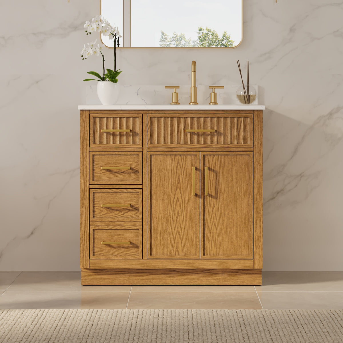 36 Inch Freestanding Solid Wood & Plywood Bathroom Vanity with Soft-Close Drawers, Carrara White Quartz Countertop, Walnut