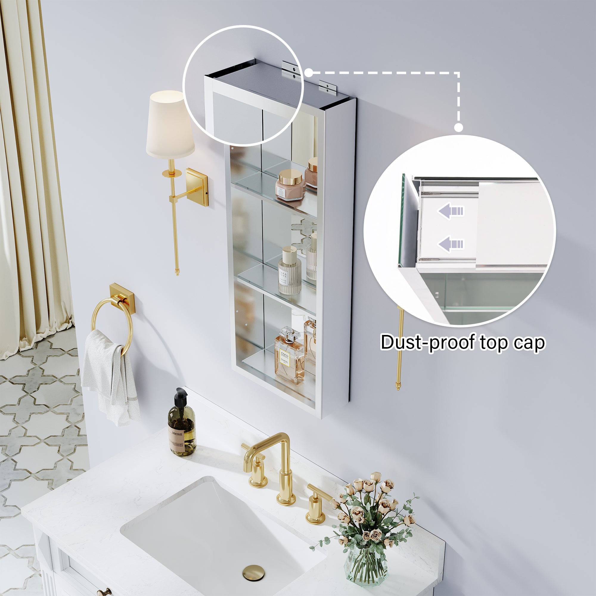 12 in.×30 in. Recessed/Surface Mount Aluminum Medicine Cabinet with Open Shelves and 3 PCS Tempered Glass