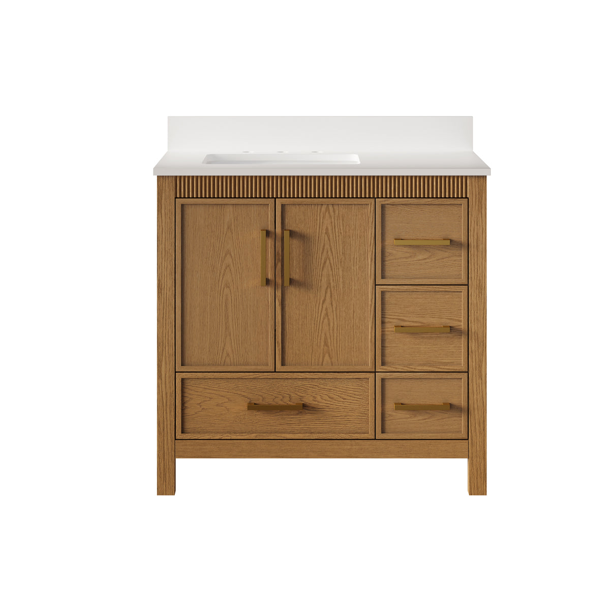 36 Inch Freestanding Solid Wood Bathroom Vanity with Fluted Molding, Pure White Quartz Countertop, Walnut
