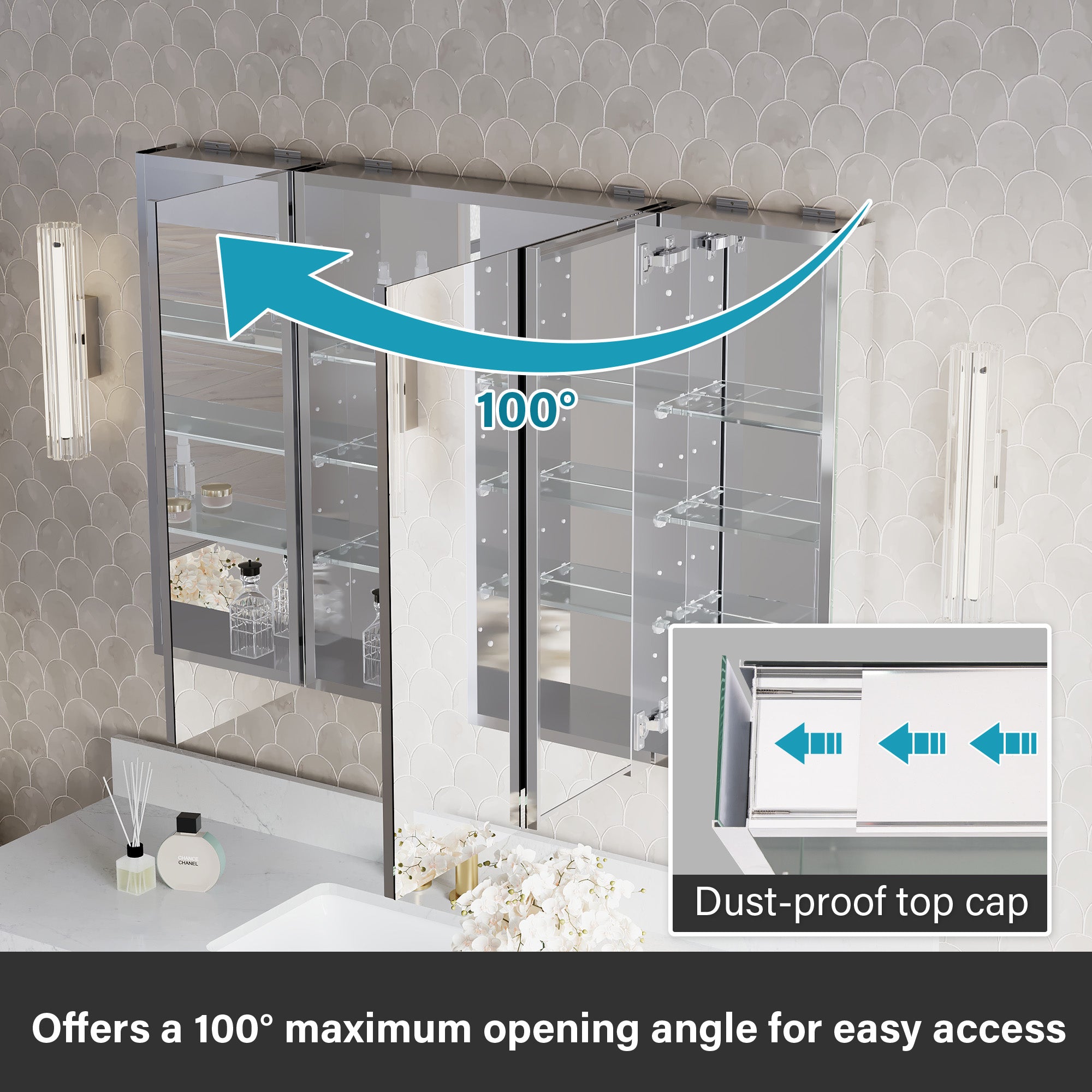 48 in.×32 in.H Copper-Free Mirror Medicine Cabinet with Soft-Close Blum® Hinges and 3 Doors