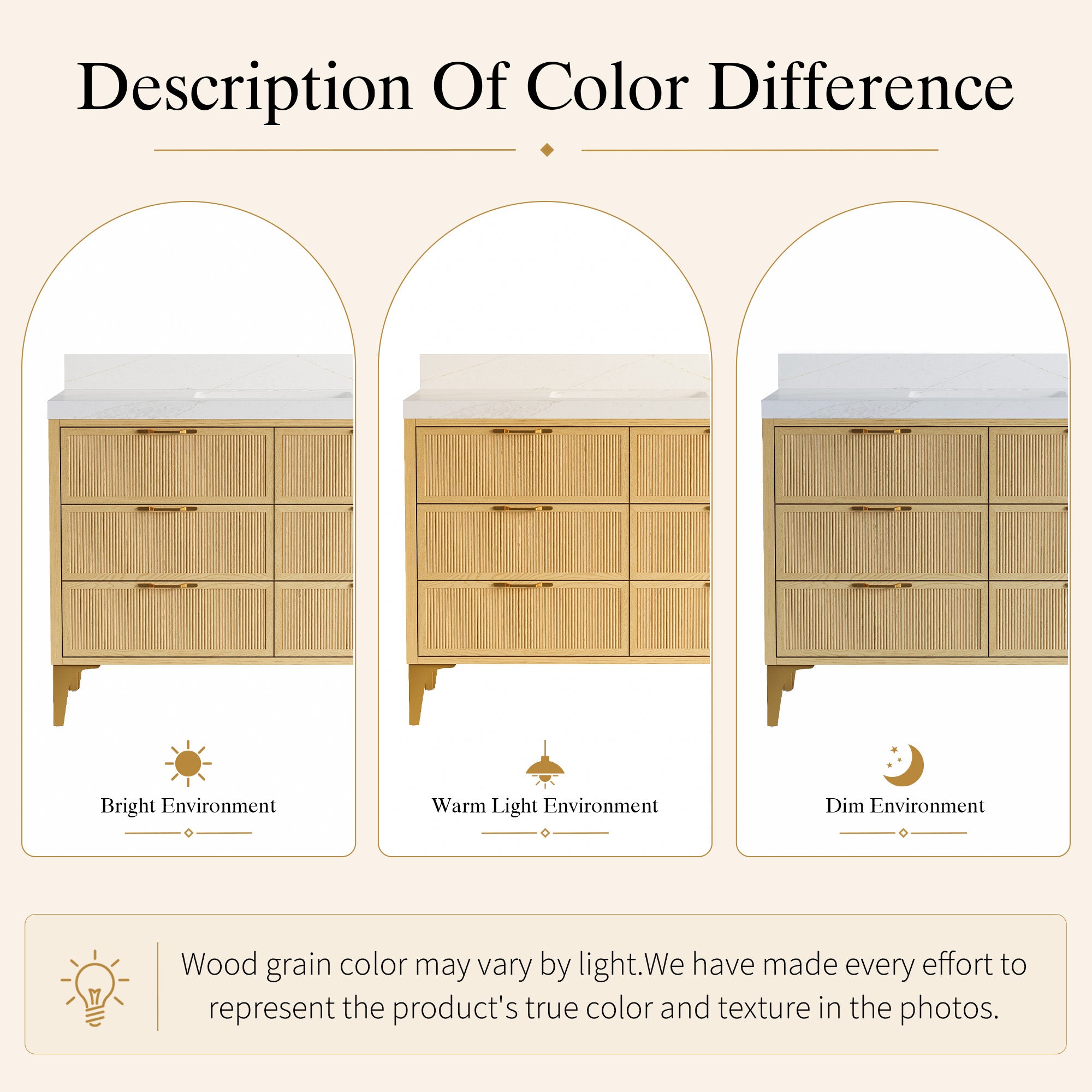 48 Inch Modern Solid Oak Bathroom Vanity with Calacatta Quartz Countertop, 6 Fluted Drawers & Brushed Gold Legs