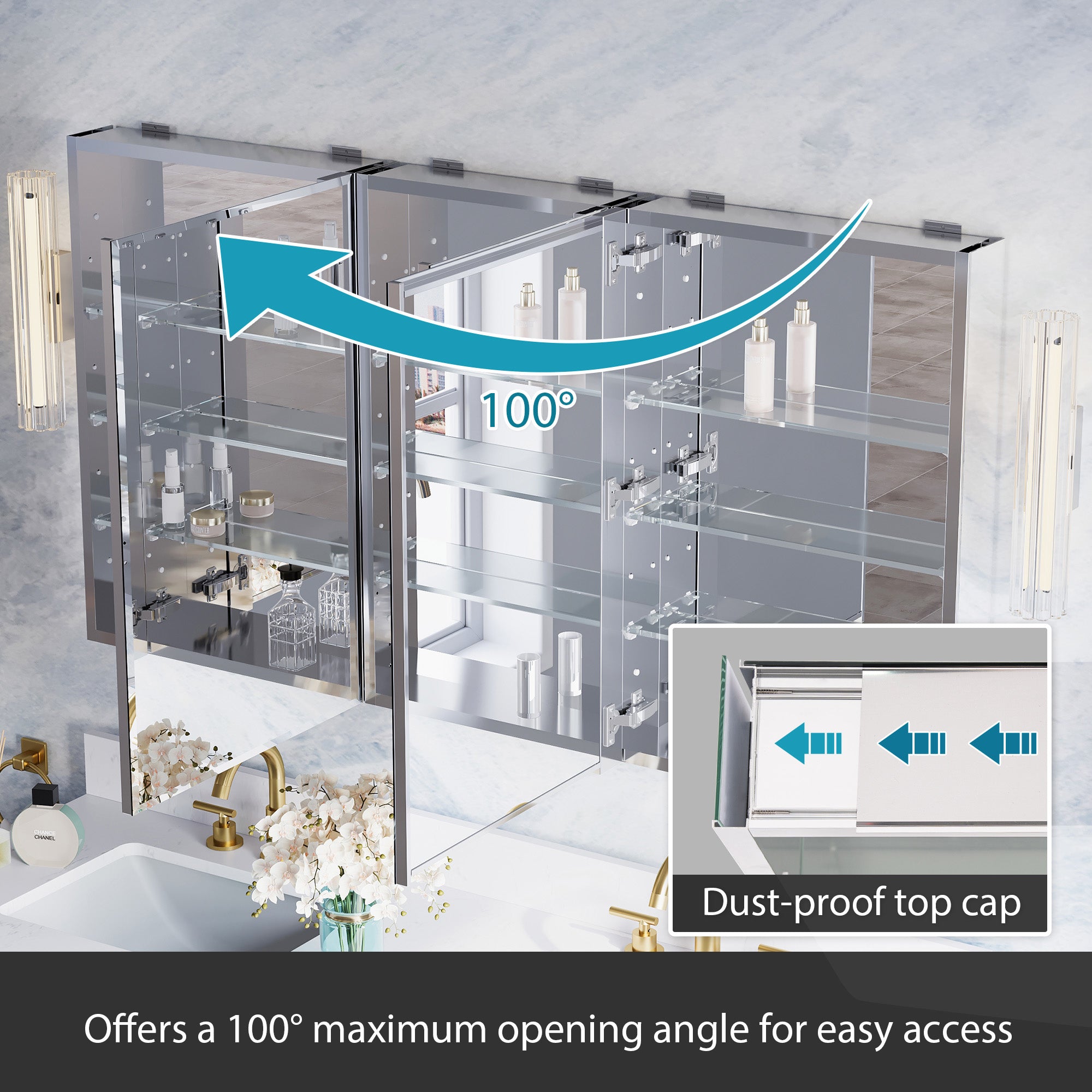 56 in.×30 in.H Aluminum Copper-Free Mirror Medicine Cabinet with Beveled Mirror Door, Recessed or Surface Mount, Adjustable Shelves