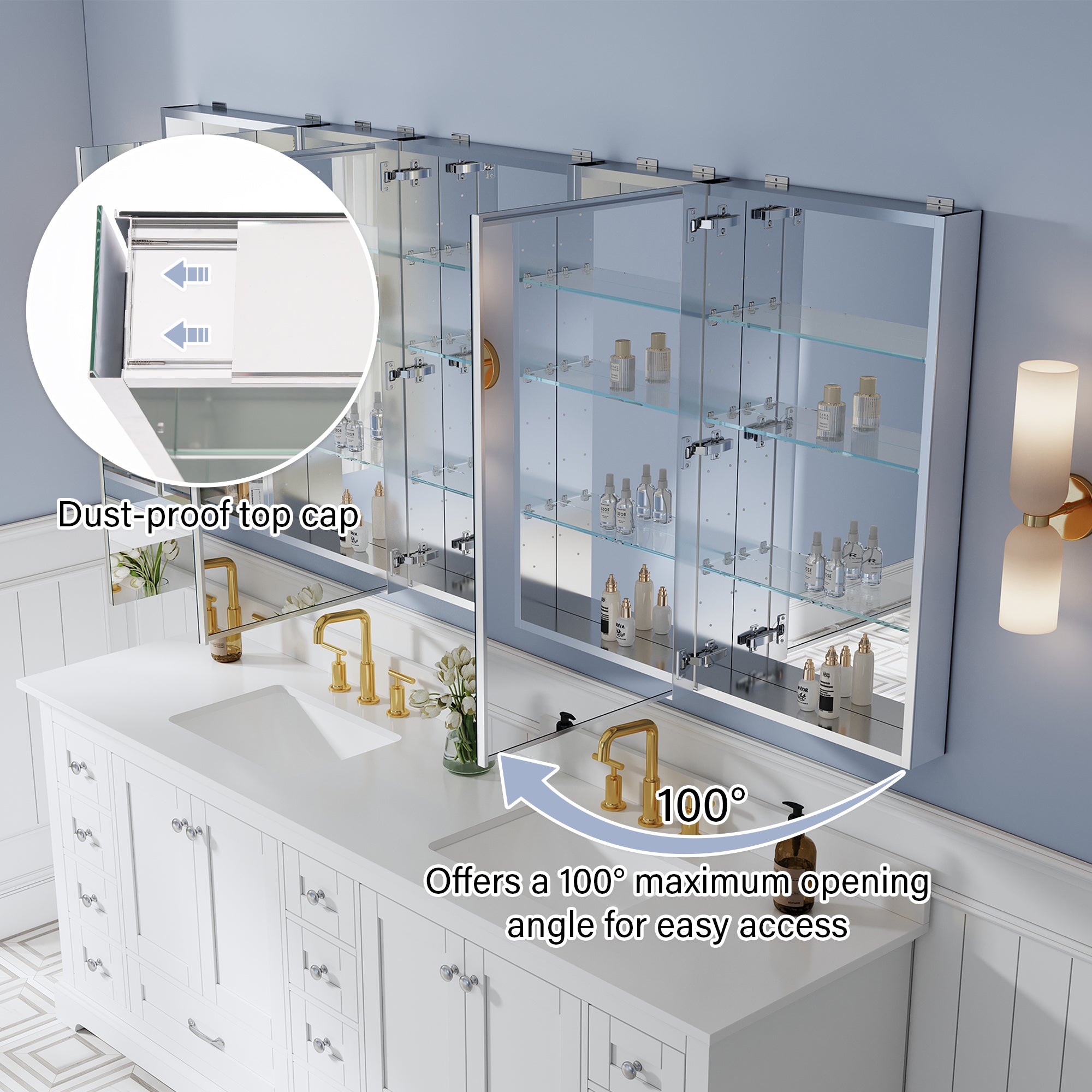 84 in. ×36 in. Aluminum Bathroom Medicine Cabinet and Open Shelf Set, Recessed or Surface Mount