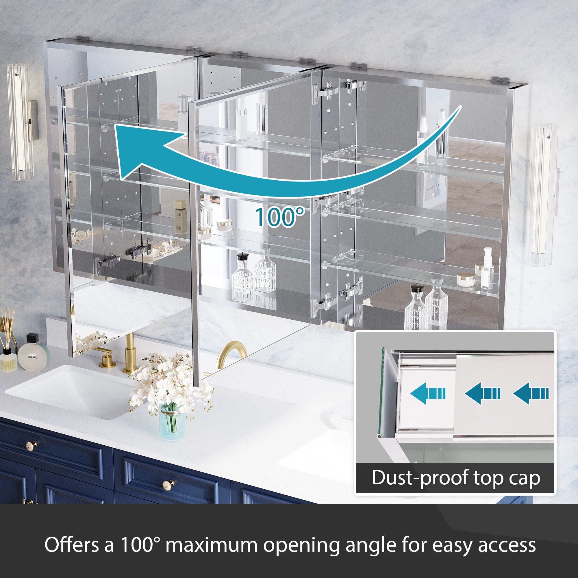 64 in.×30 in.H Copper-Free Mirror Medicine Cabinet with Beveled Mirror Door, Soft-Close Blum® Hinges, 9 Adjustable Shelves