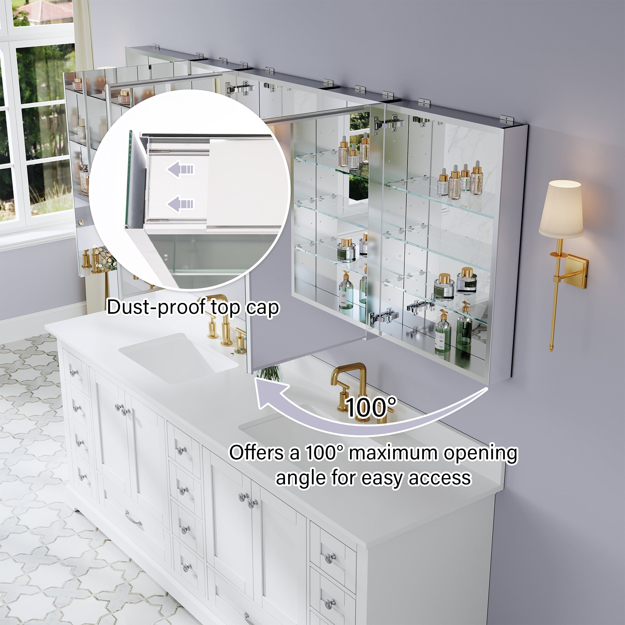 84 in. ×30 in. Aluminum Bathroom Medicine Cabinet and Open Shelf Set, Recessed or Surface Mount