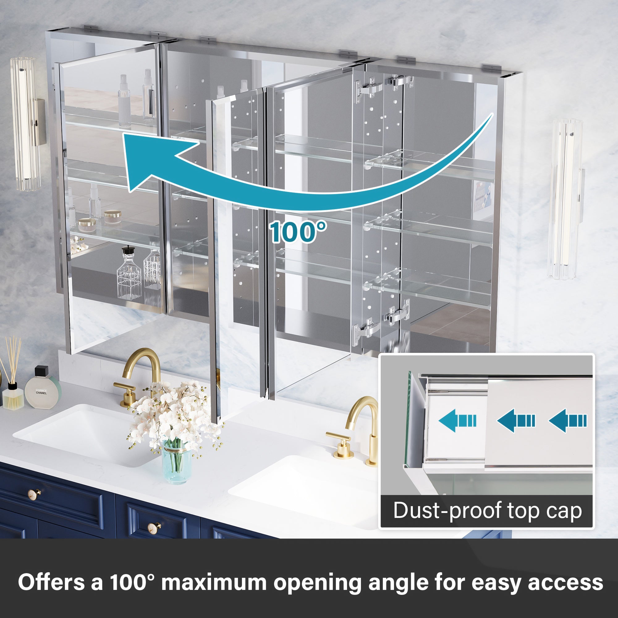 56 in.×30 in.H Aluminum Copper-Free Mirror Medicine Cabinet with Beveled Mirror Door, Soft-Close Blum® Hinges, 9 Adjustable Shelves