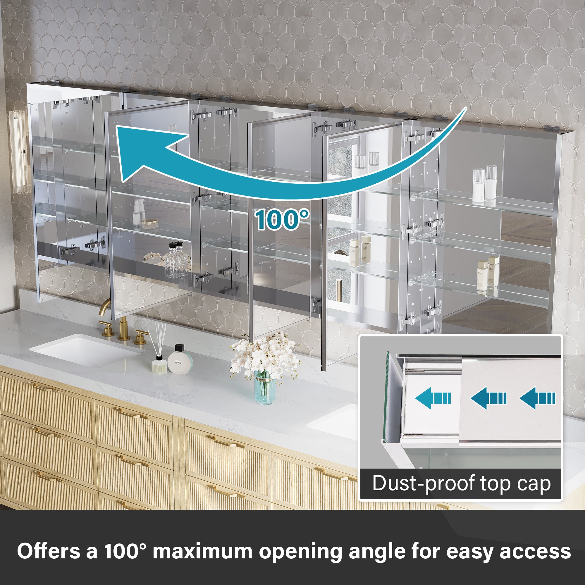 104 in.×32 in.H Copper-Free Mirror Medicine Cabinet with Soft-Close Blum® Hinges and 5 Doors