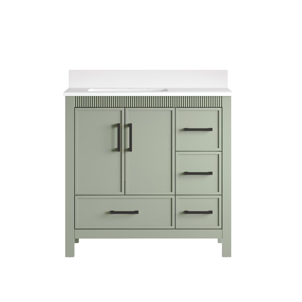 36 Inch Freestanding Solid Wood Bathroom Vanity with Fluted Molding, Pure White Quartz Countertop, SAGE GREEN