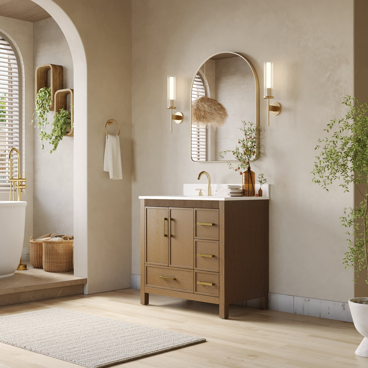 36 Inch Freestanding Solid Wood Bathroom Vanity with Fluted Molding, Pure White Quartz Countertop, Walnut