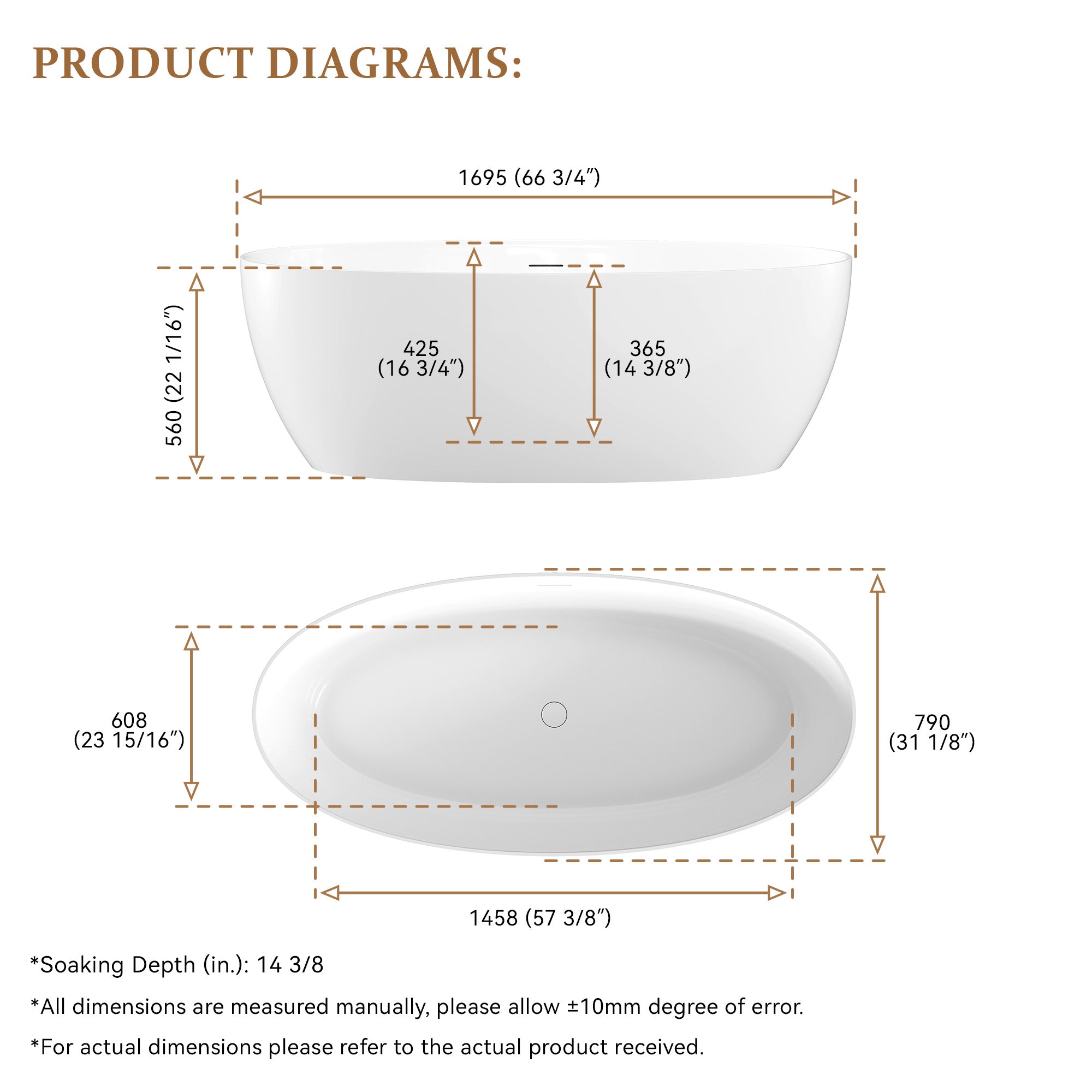67" Matte White Solid Surface Bathtub with Drain & Integrated Slotted Overflow, 78 Gallons