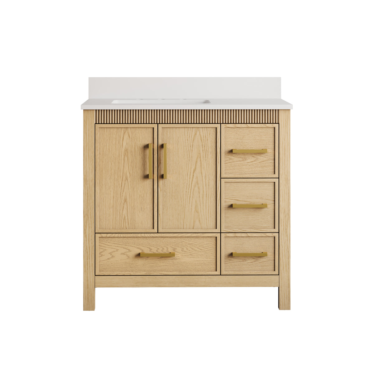 36 Inch Freestanding Solid Wood Bathroom Vanity with Fluted Molding, Pure White Quartz Countertop, OAK