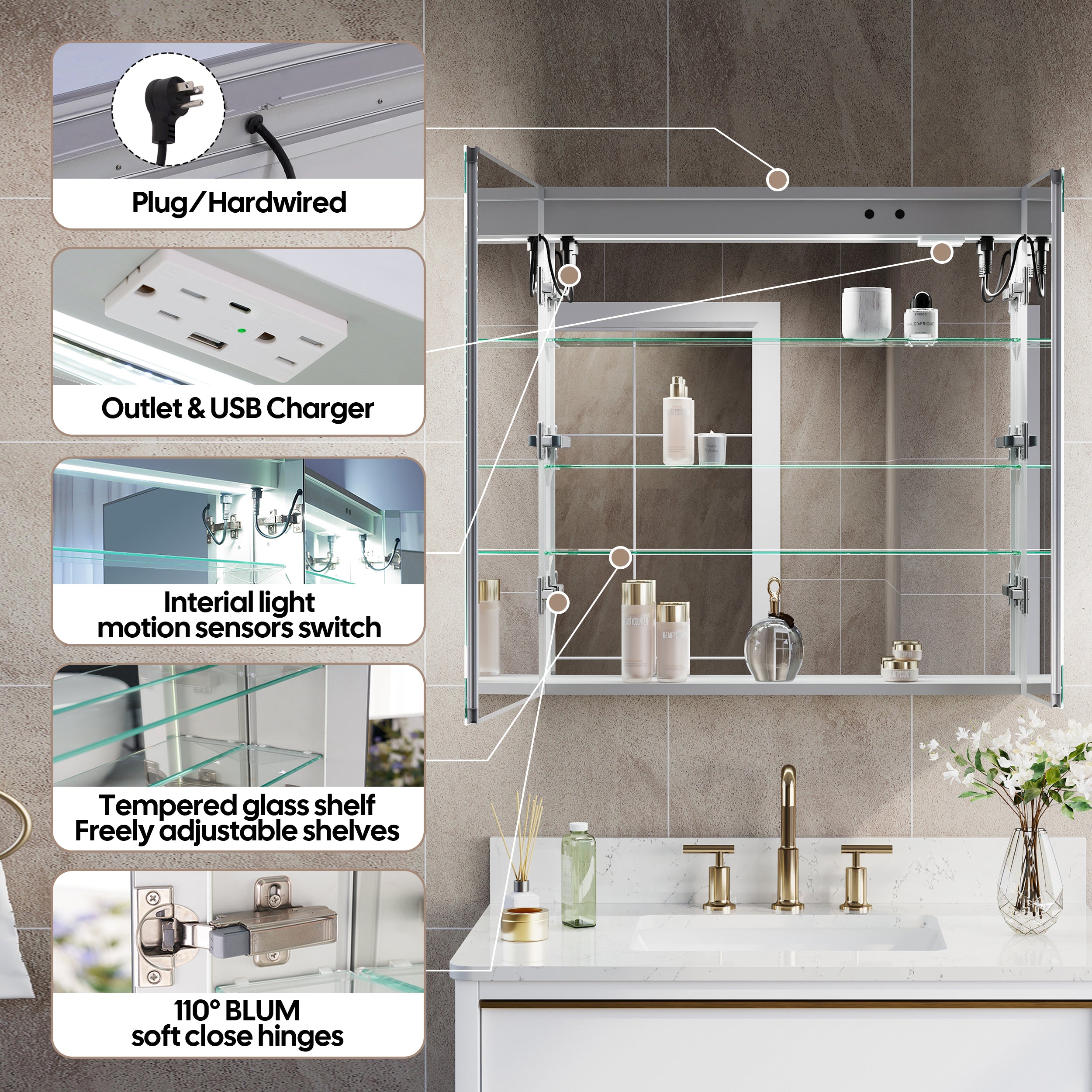 30 in. x 30 in. Lighted LED Surface/Recessed Mount Mirror Rectangle Bathroom Medicine Cabinet with Outlet