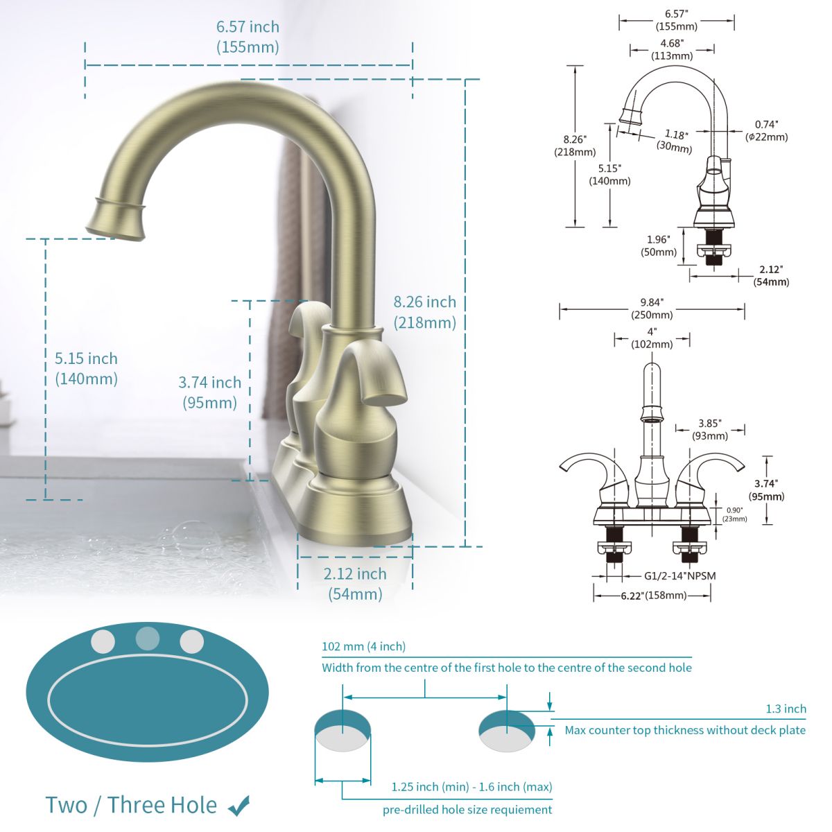 2 Handle Brushed Gold 4 Inch Bathroom Faucet with 360 Degree Rotating Spout