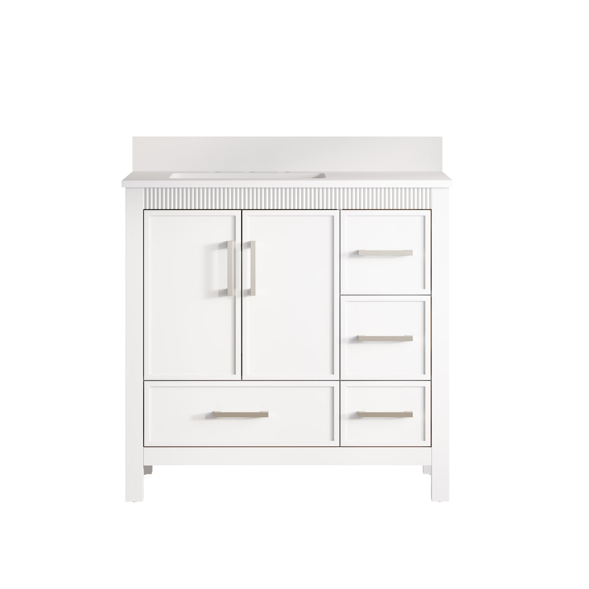 36 Inch Freestanding Solid Wood Bathroom Vanity with Fluted Molding, Pure White Quartz Countertop, White